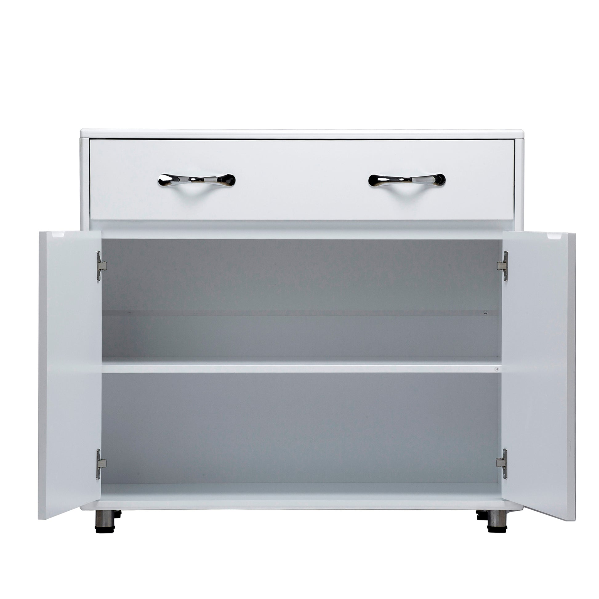 White twodoor cabinet with open doors and two drawers