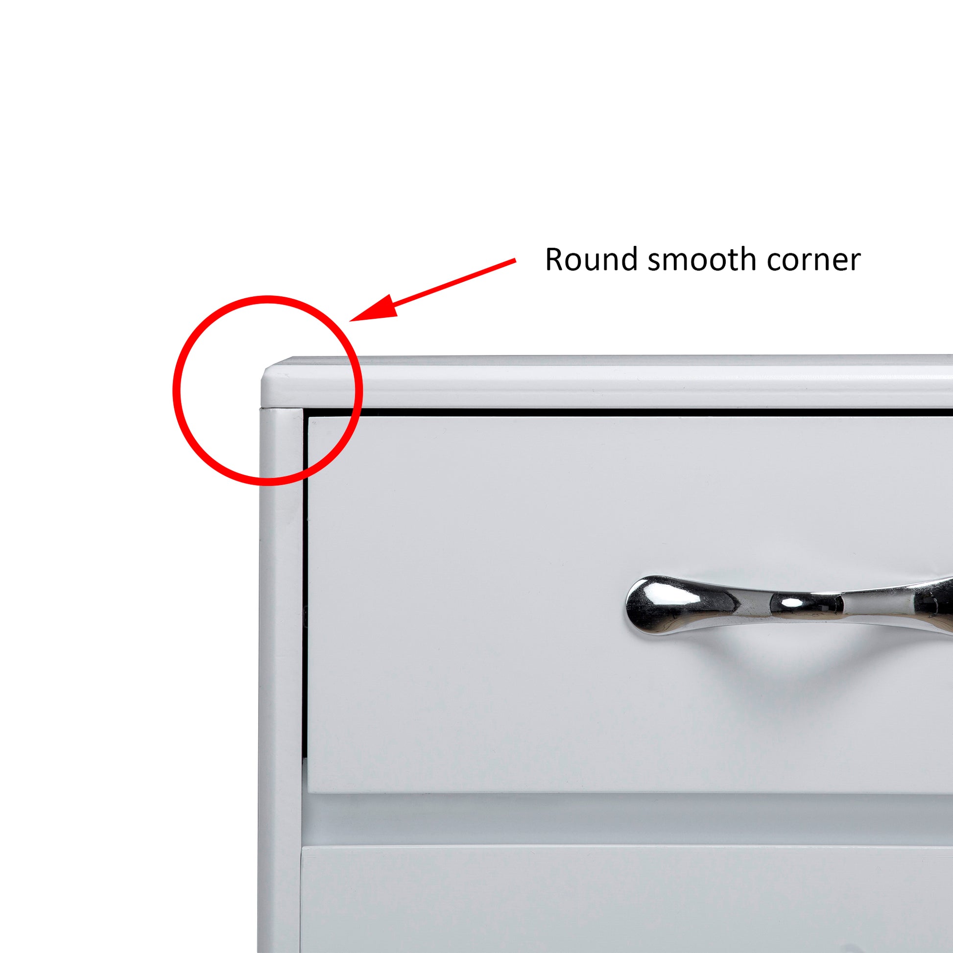 White dresser drawer with polished chrome handle