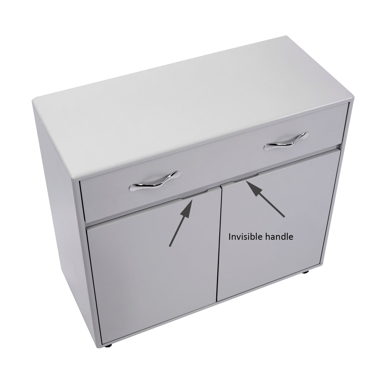 Gray metal cabinet with one drawer and two doors featuring invisible handles