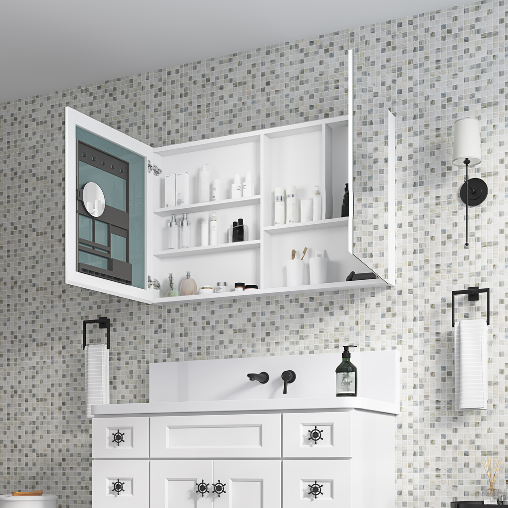 White recessed medicine cabinet with open doors showcasing toiletries and shelves