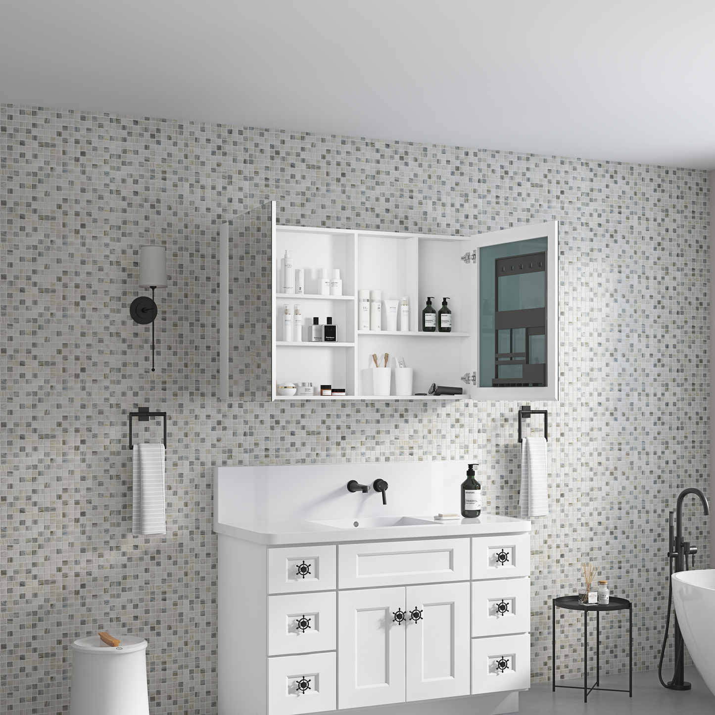 White medicine cabinet filled with toiletries and skincare products mounted on a mosaic tile wall