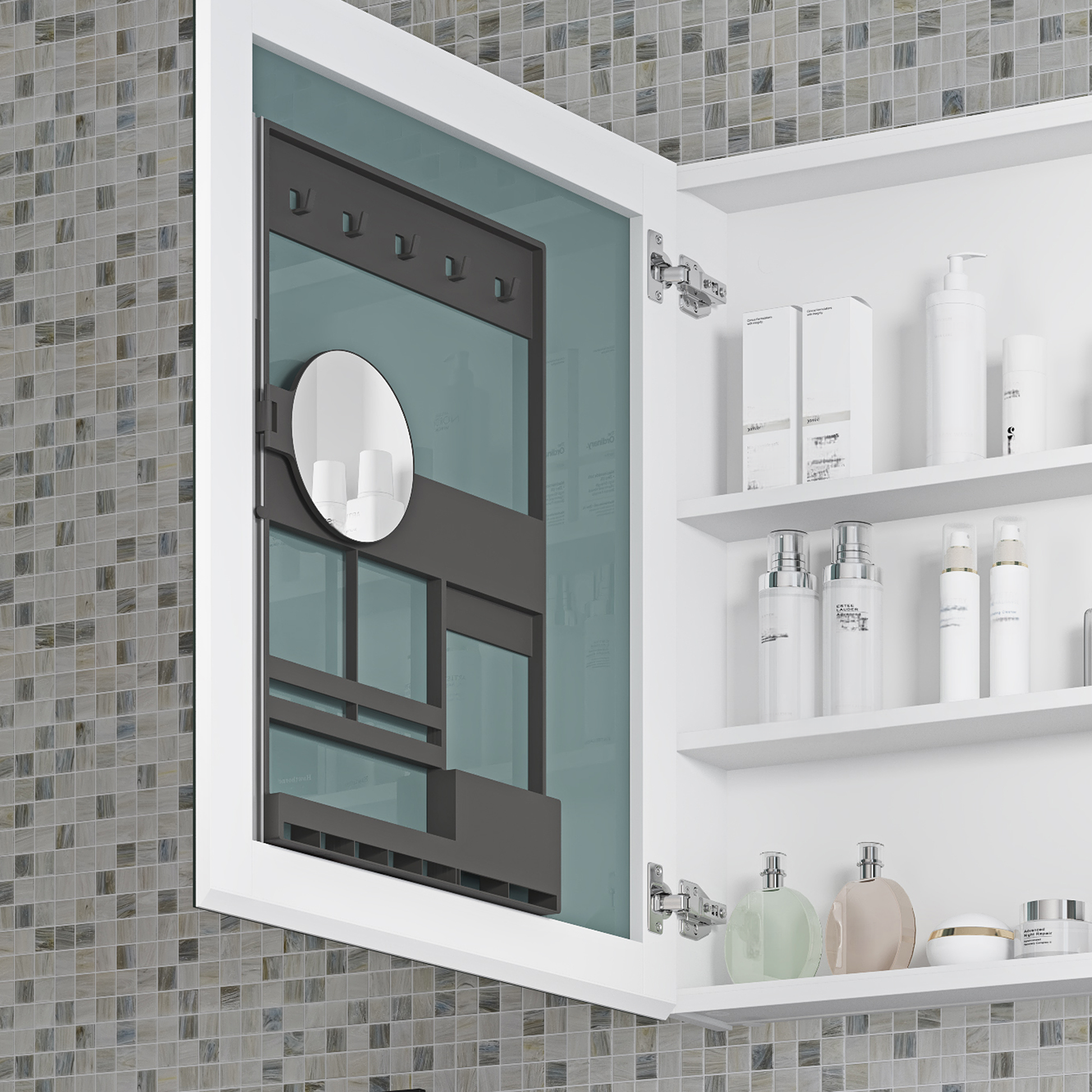 White medicine cabinet with mirrored door and interior shelves filled with skincare products