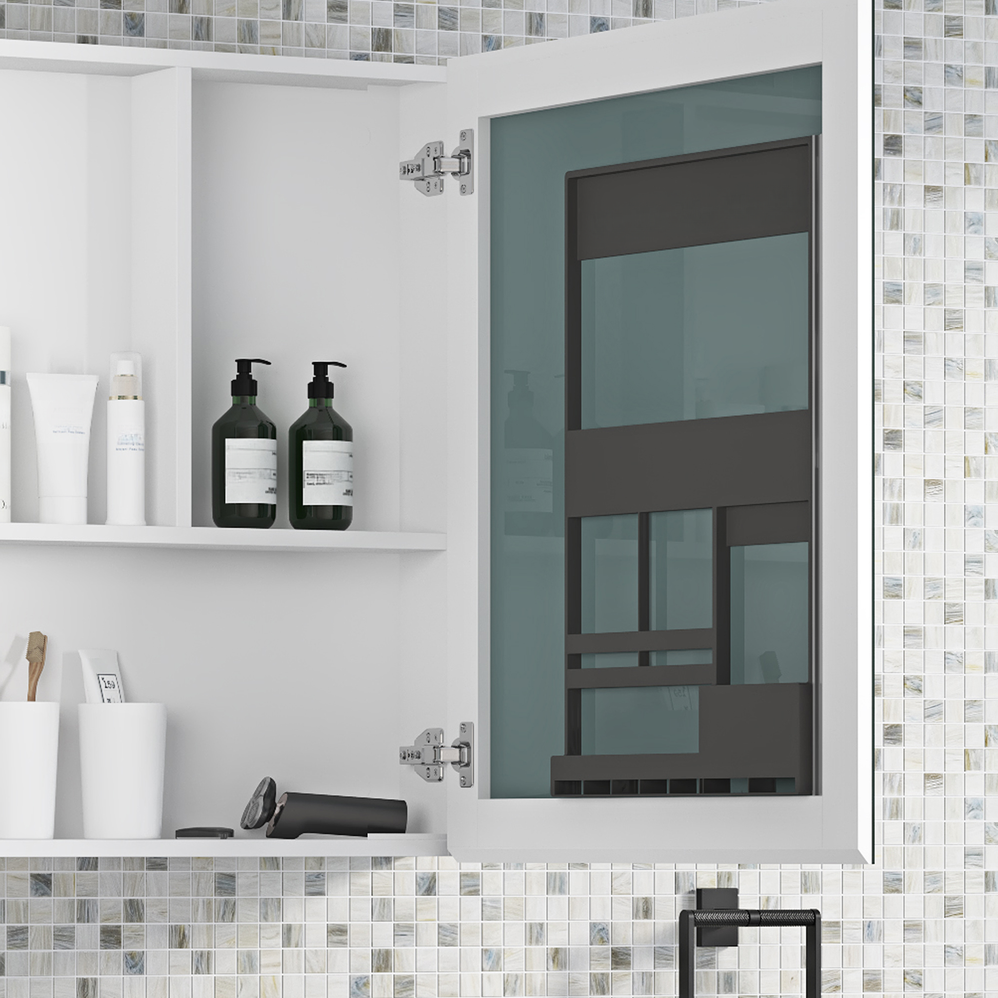 Open white medicine cabinet with glass door showcasing green soap dispensers and toiletries