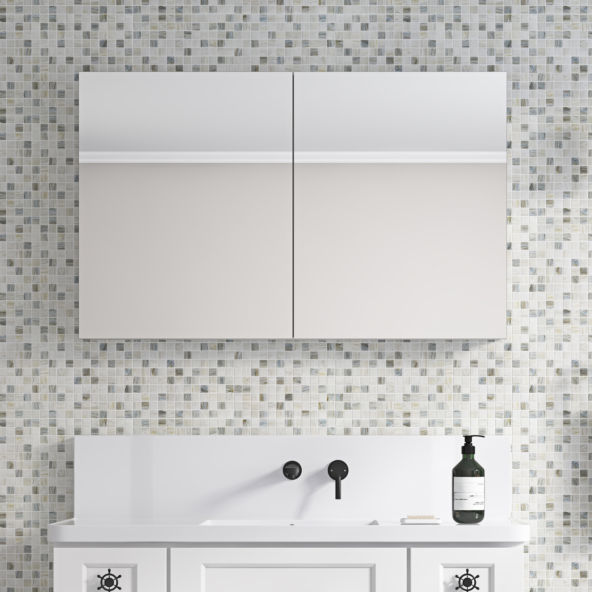 Modern bathroom vanity with white cabinets black faucet and a large mirrored medicine cabinet