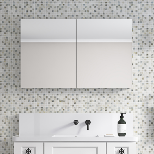 Modern bathroom vanity with white cabinets black faucet and a large mirrored medicine cabinet
