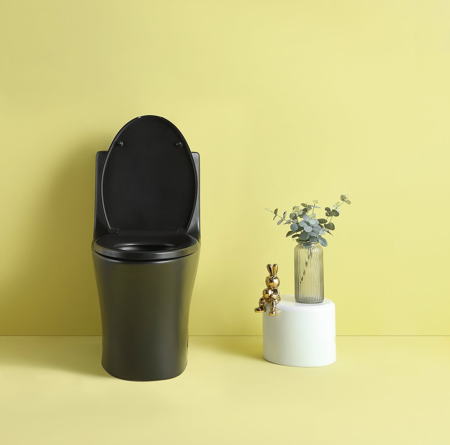 Matte black ceramic onepiece toilet with open lid sleek modern design