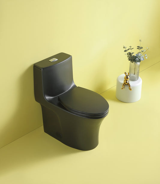 Sleek matte black onepiece toilet with modern design for contemporary bathrooms