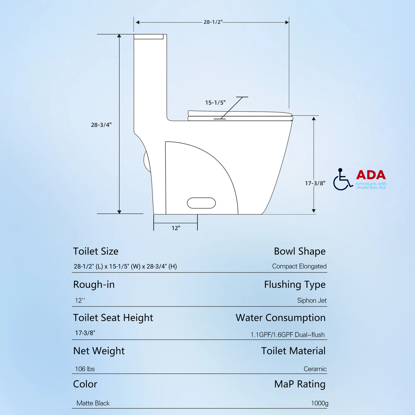 Matte black ceramic toilet with compact elongated bowl and ADA compliance