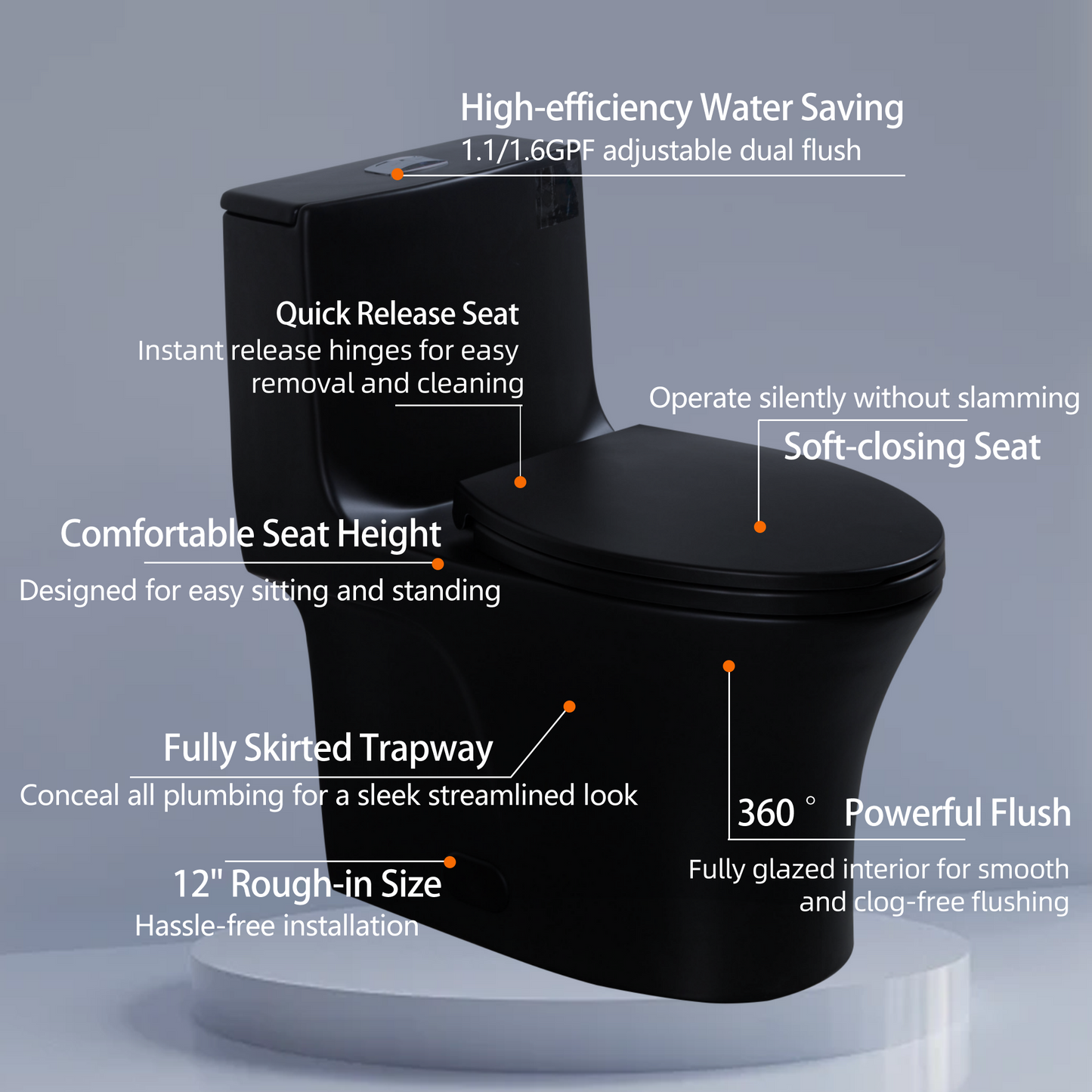 Black skirted toilet with quickrelease softclosing seat and  roughin