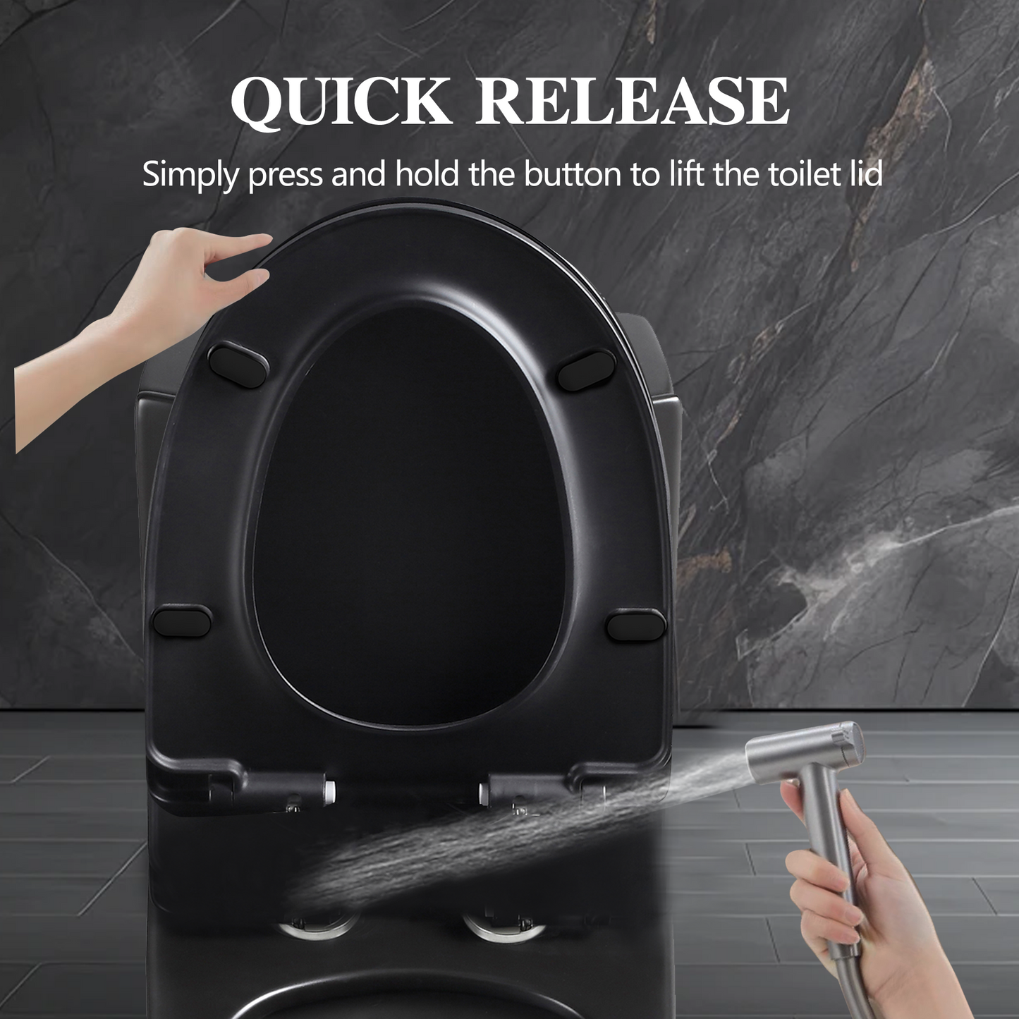 Black softclose toilet seat with quickrelease hinges for easy cleaning