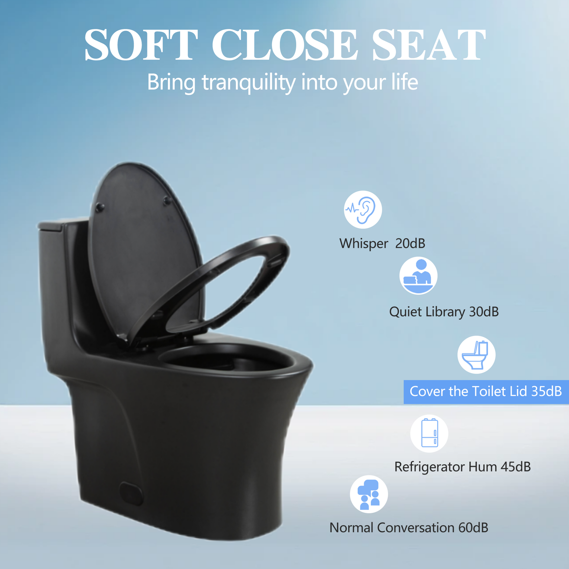 Sleek black toilet with open lid highlighting its soft close seat functionality