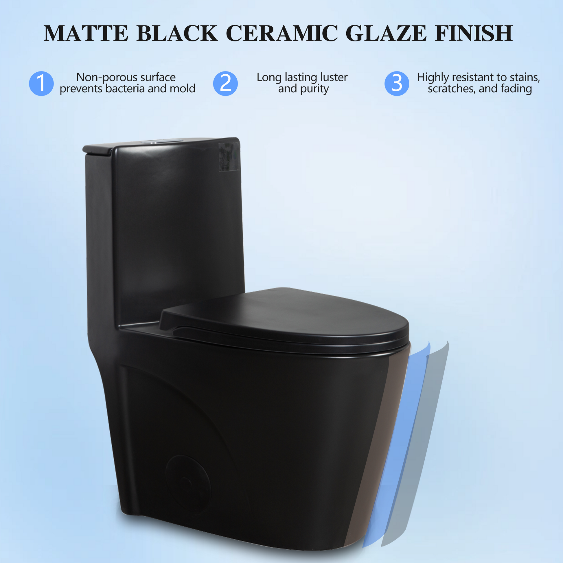Matte black ceramic toilet with a sleek modern design and durable glaze finish