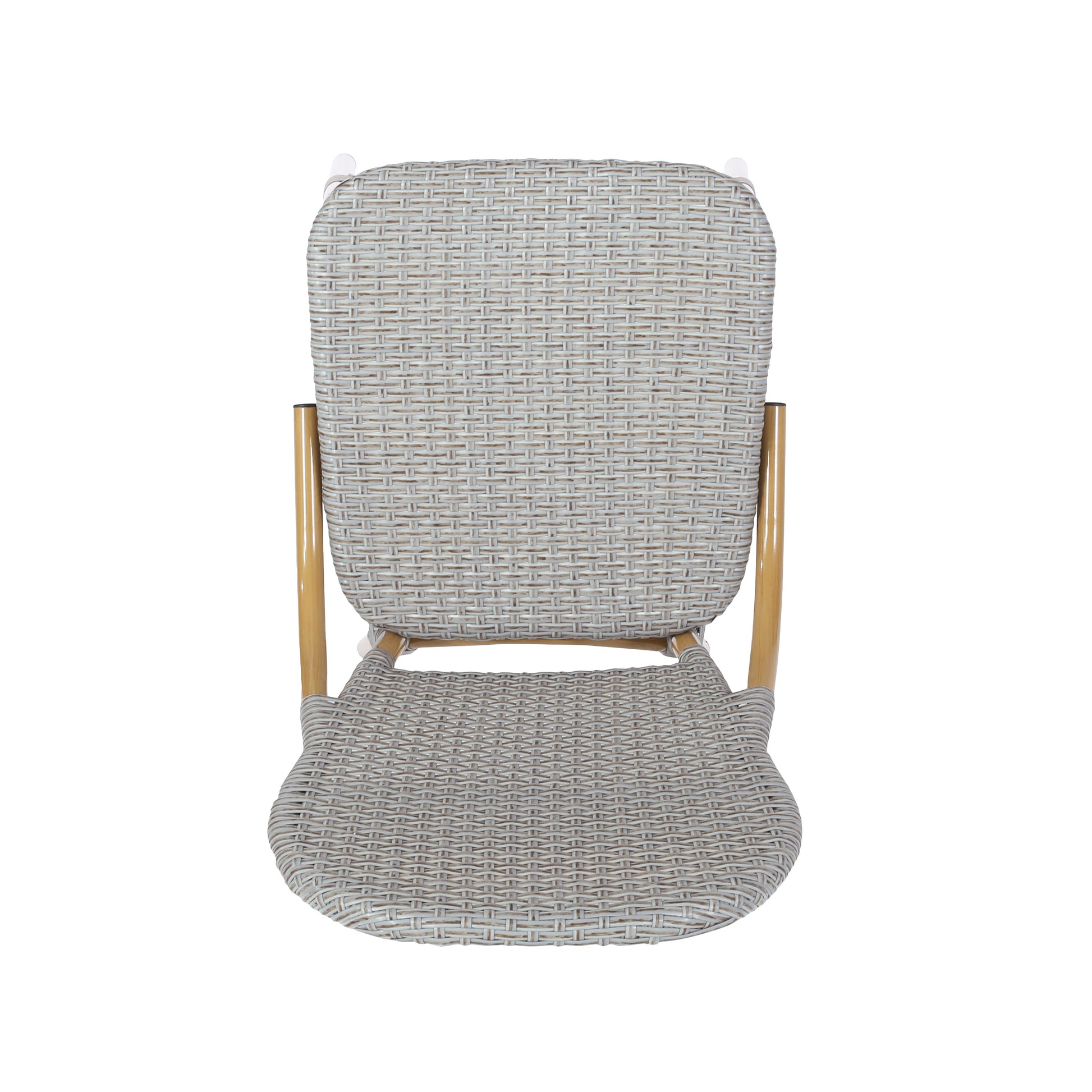 Light grey wicker chair with natural wood legs perfect for dining or patio use