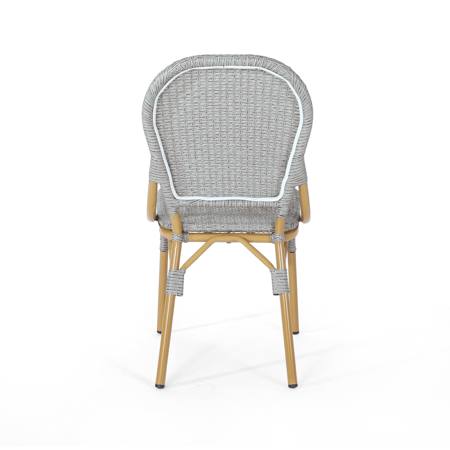Gray wicker bistro chair with curved back and bamboostyle legs