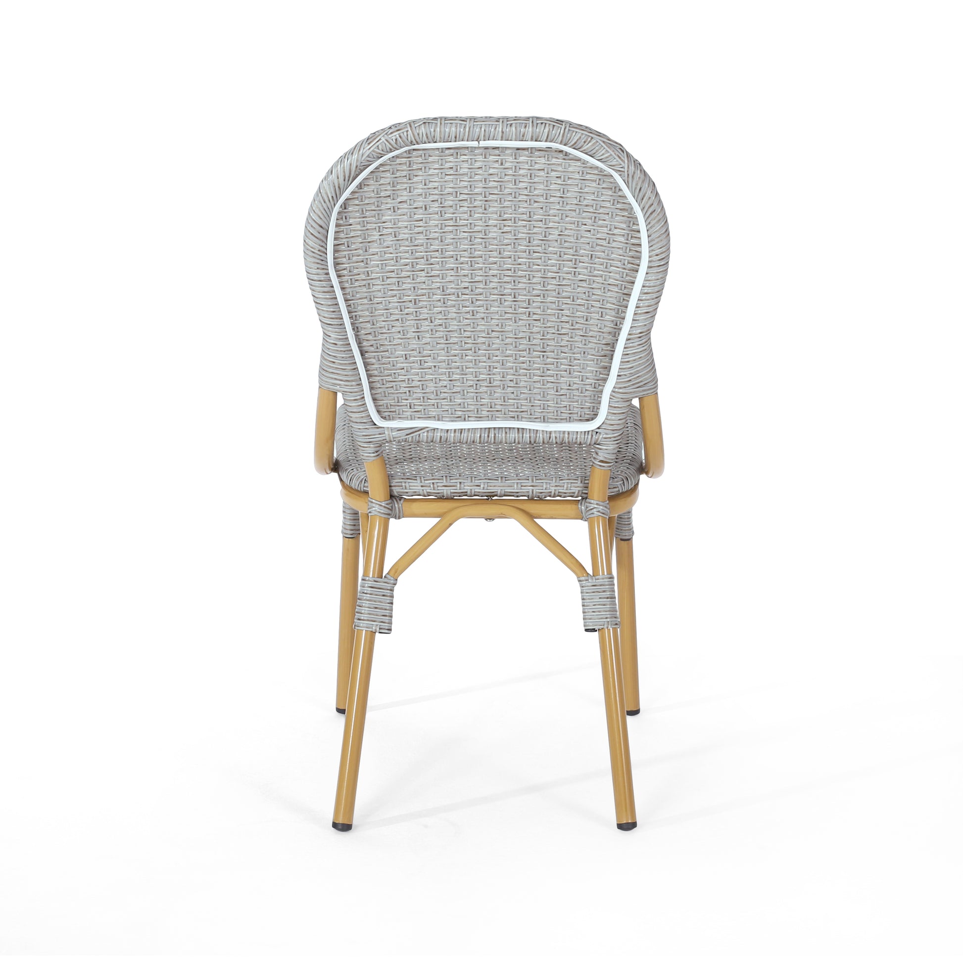 Gray wicker bistro chair with curved back and bamboostyle legs