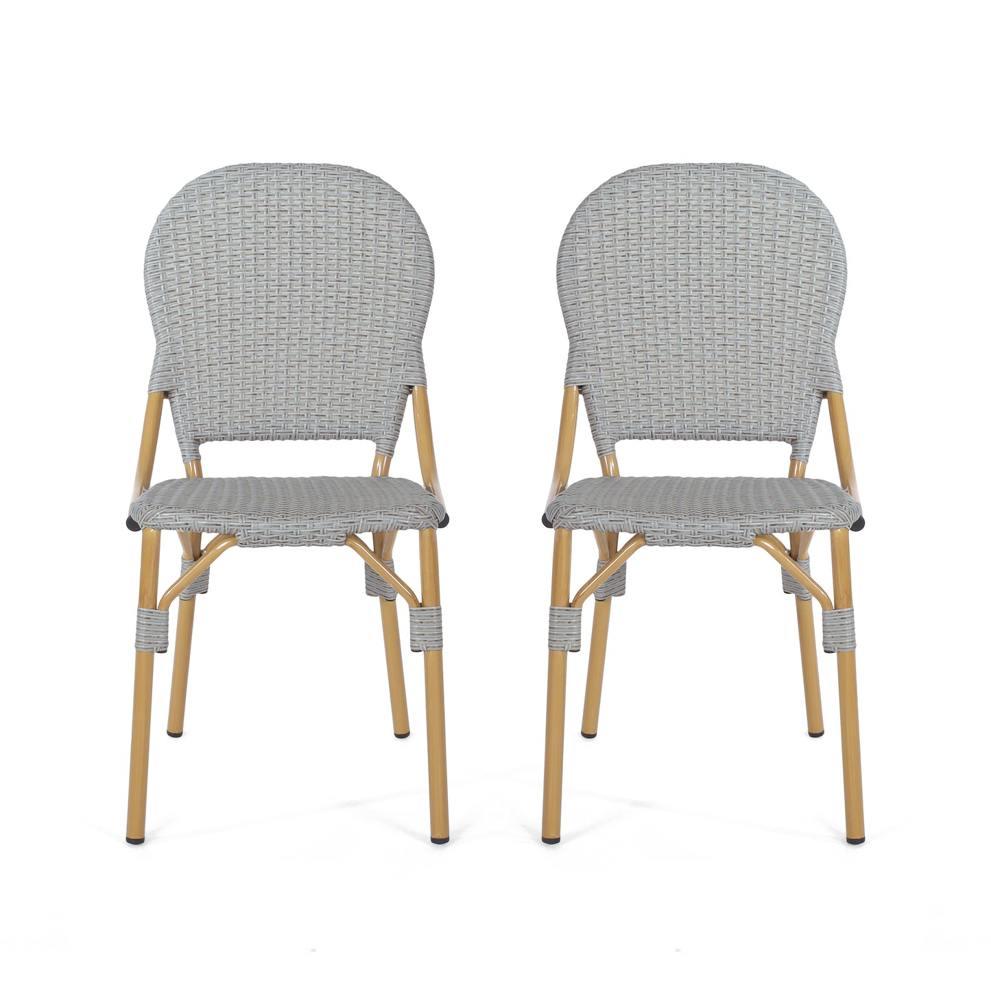 Two grey woven bistro chairs with golden metal legs
