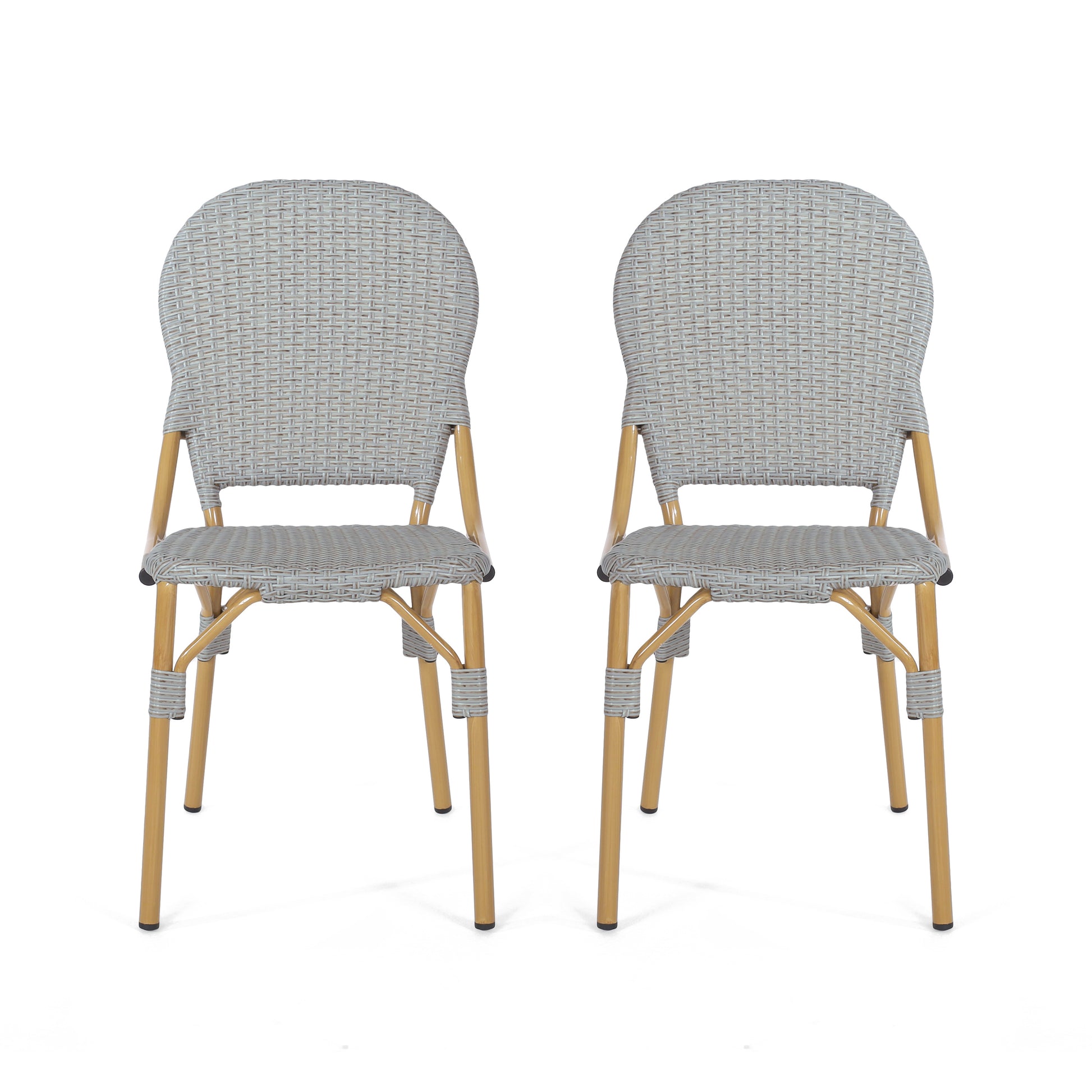 Two grey woven bistro chairs with golden metal legs