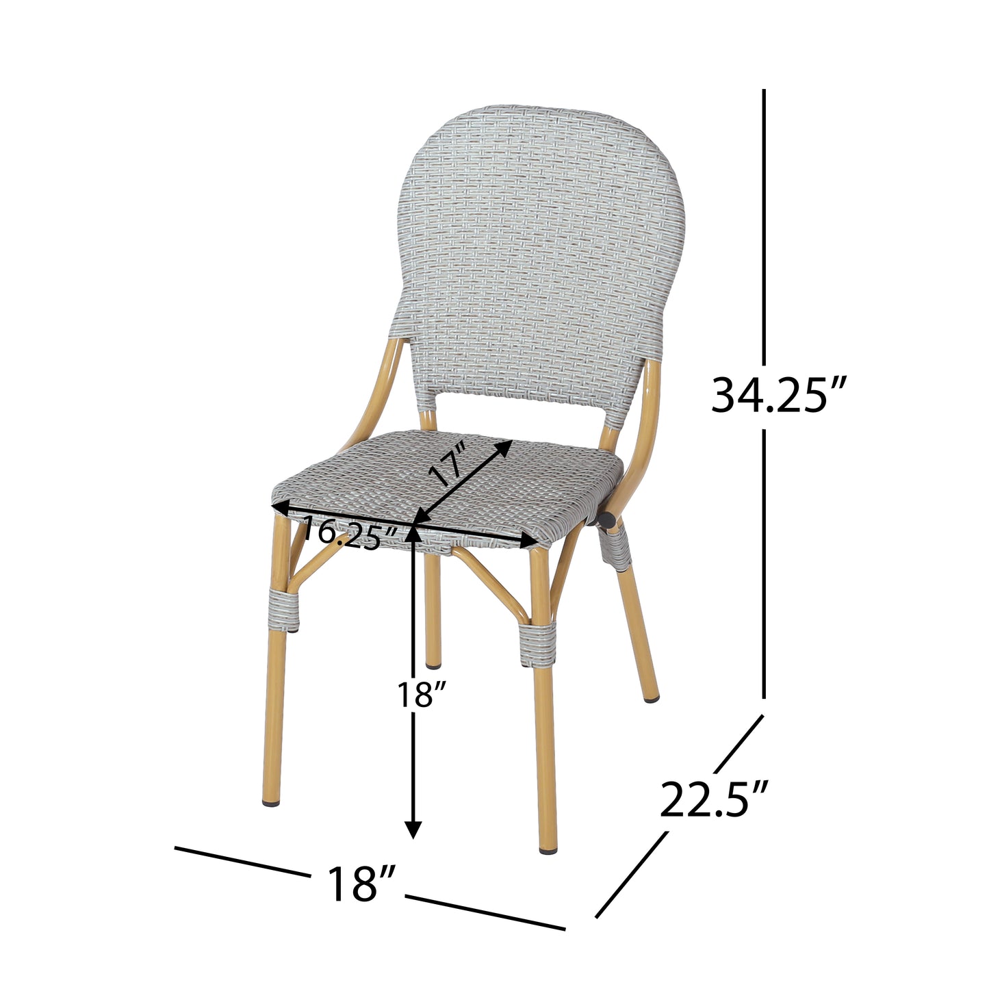 Light gray woven bistro chair with curved back and natural wood legs ideal for outdoor dining