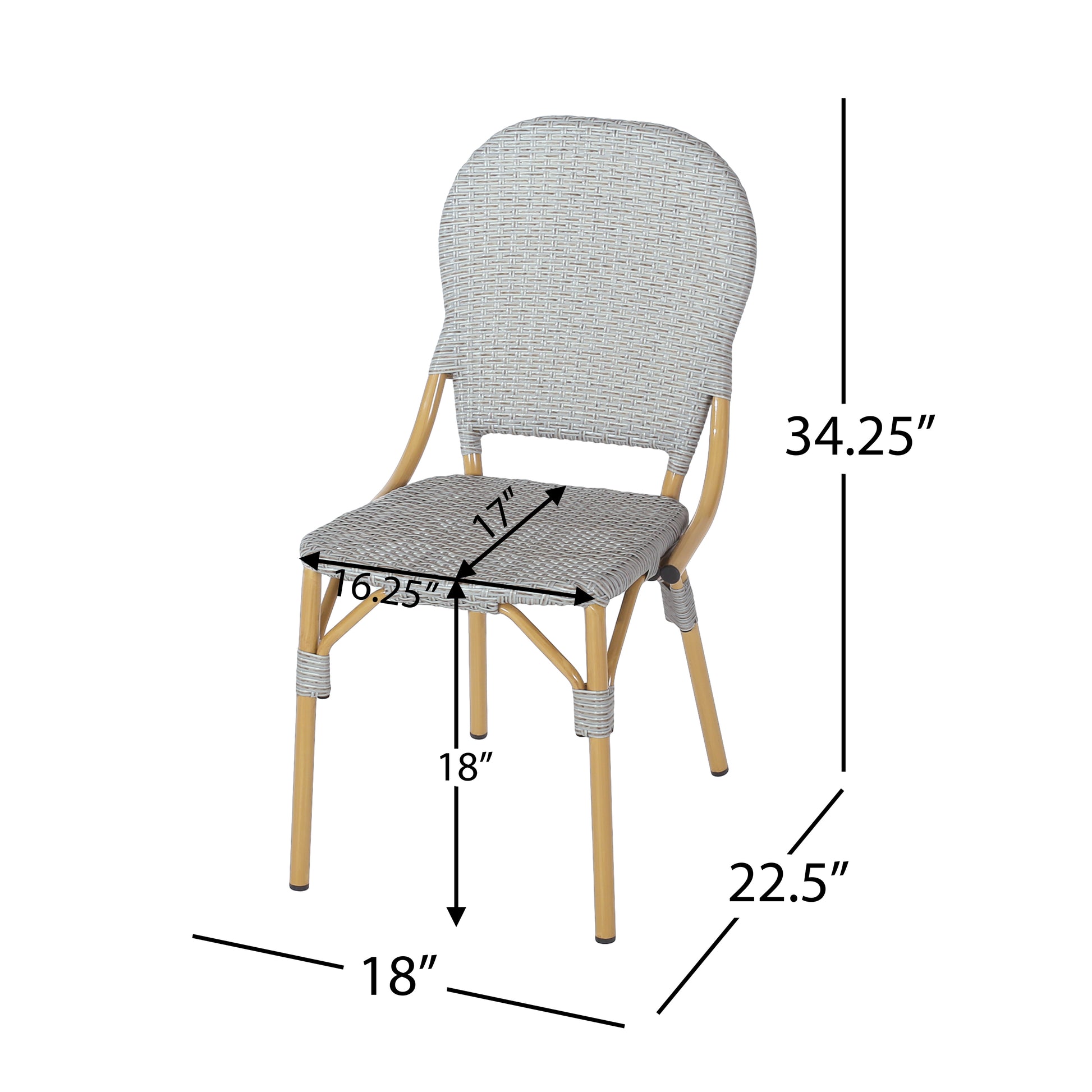 Light gray woven bistro chair with curved back and natural wood legs ideal for outdoor dining
