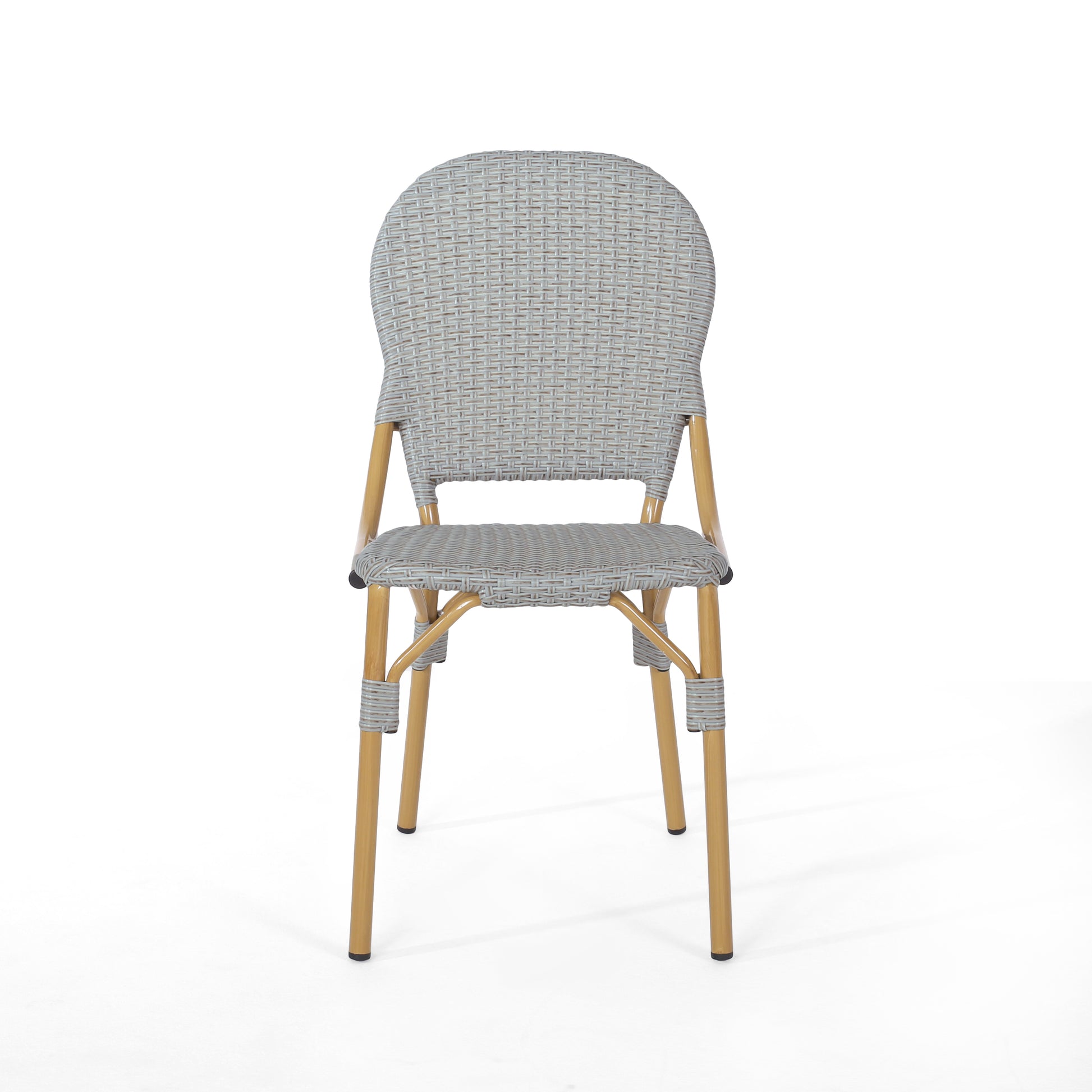 Light grey wicker bistro chair with gold metal legs perfect for outdoor cafes