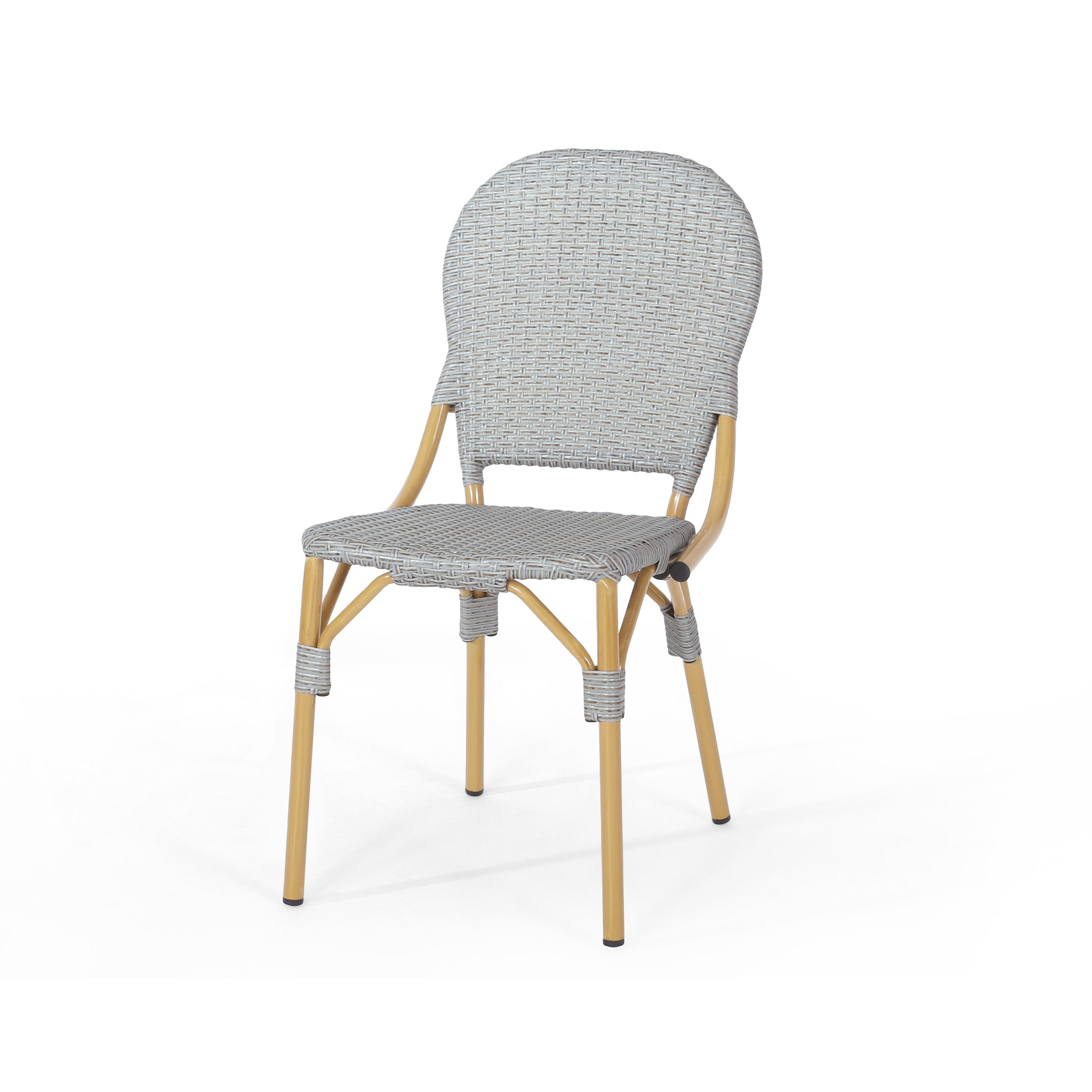 Grey woven bistro chair with curved back and bamboo legs for outdoor seating