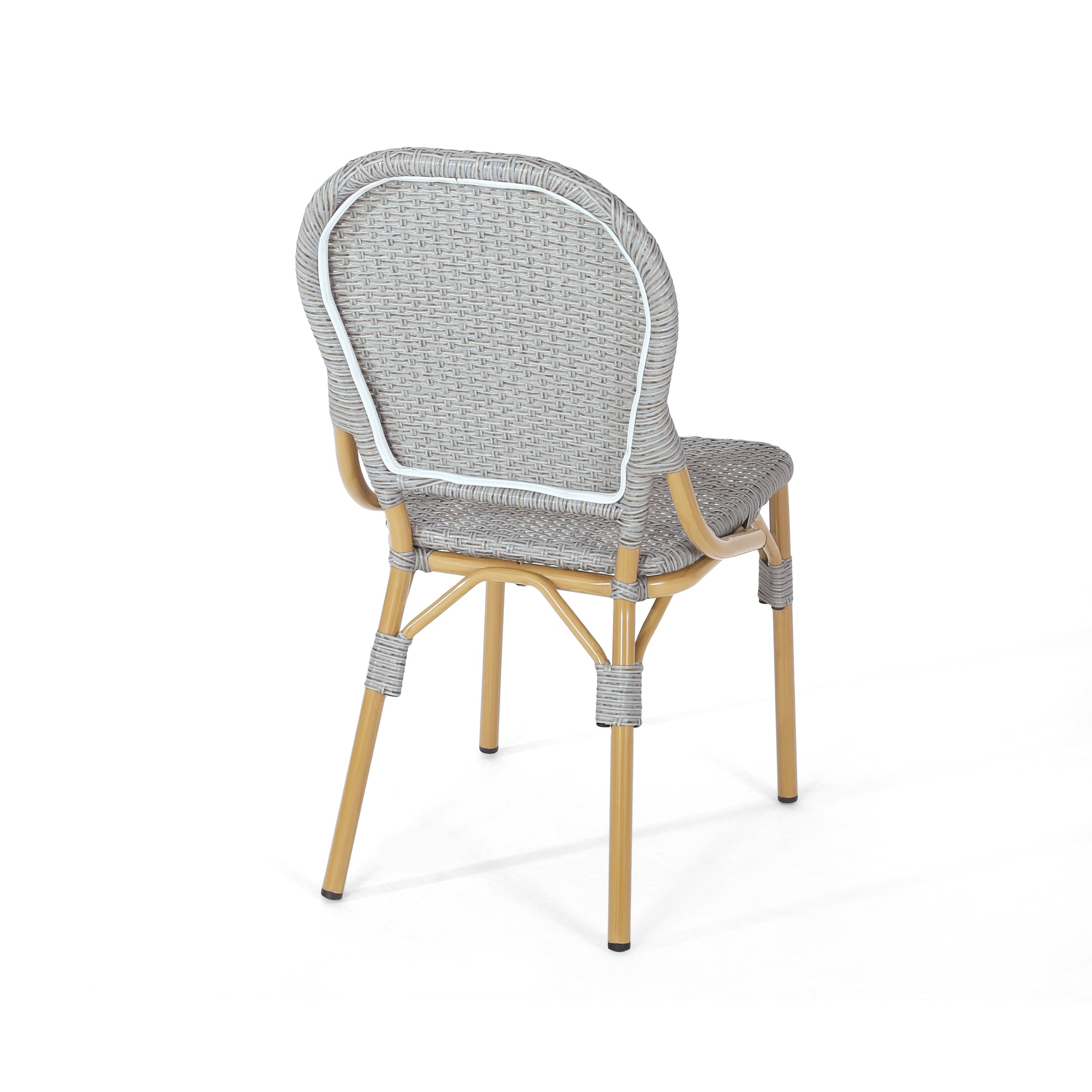 Gray rattan bistro chair with light wood legs and white trim