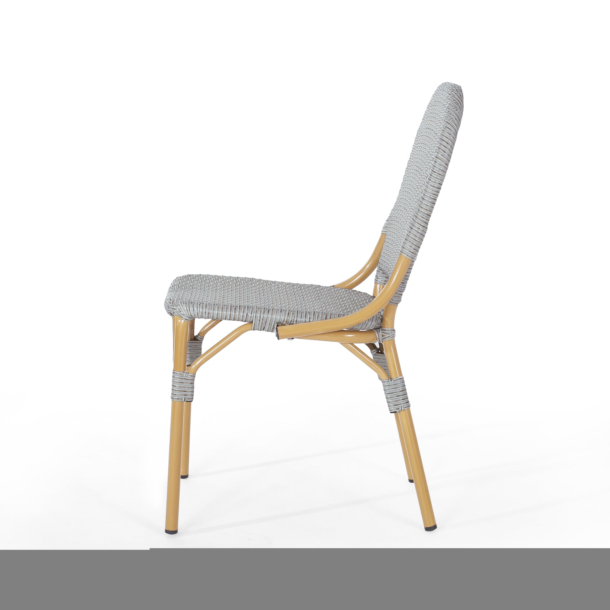 Light grey wicker bistro chair with natural wood legs and curved backrest