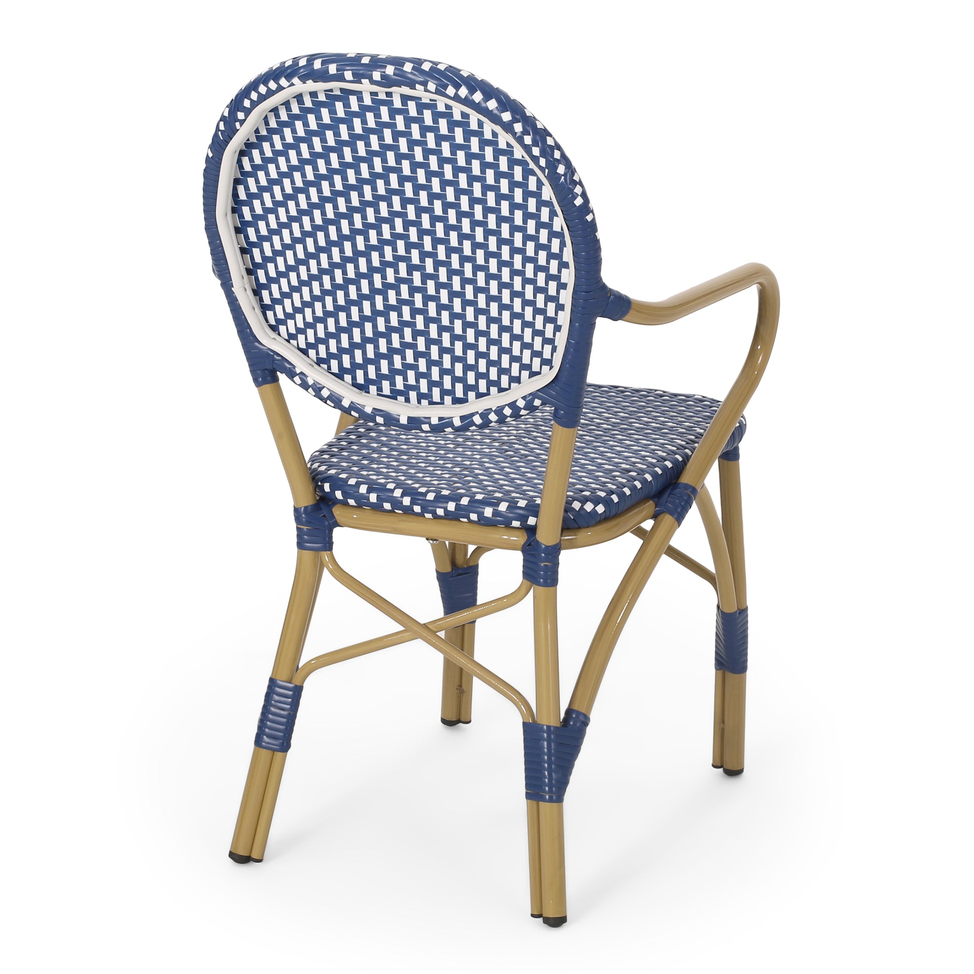 Blue and white woven bistro chair with gold metal frame