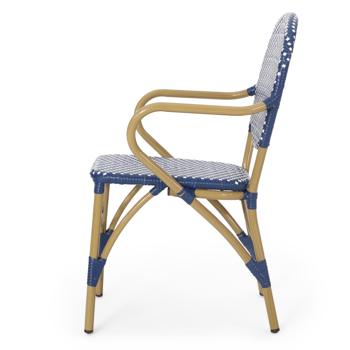 Blue and tan rattan cafe chair with woven seat and back