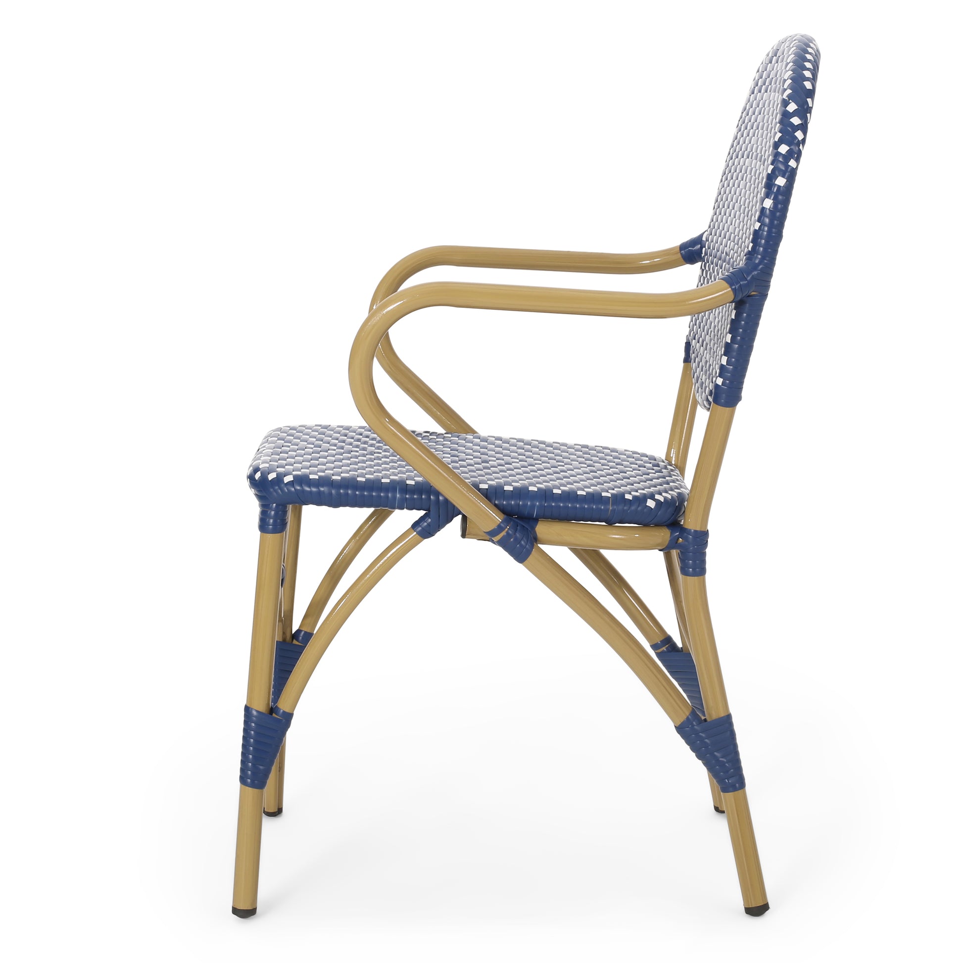 Blue and tan rattan cafe chair with woven seat and back