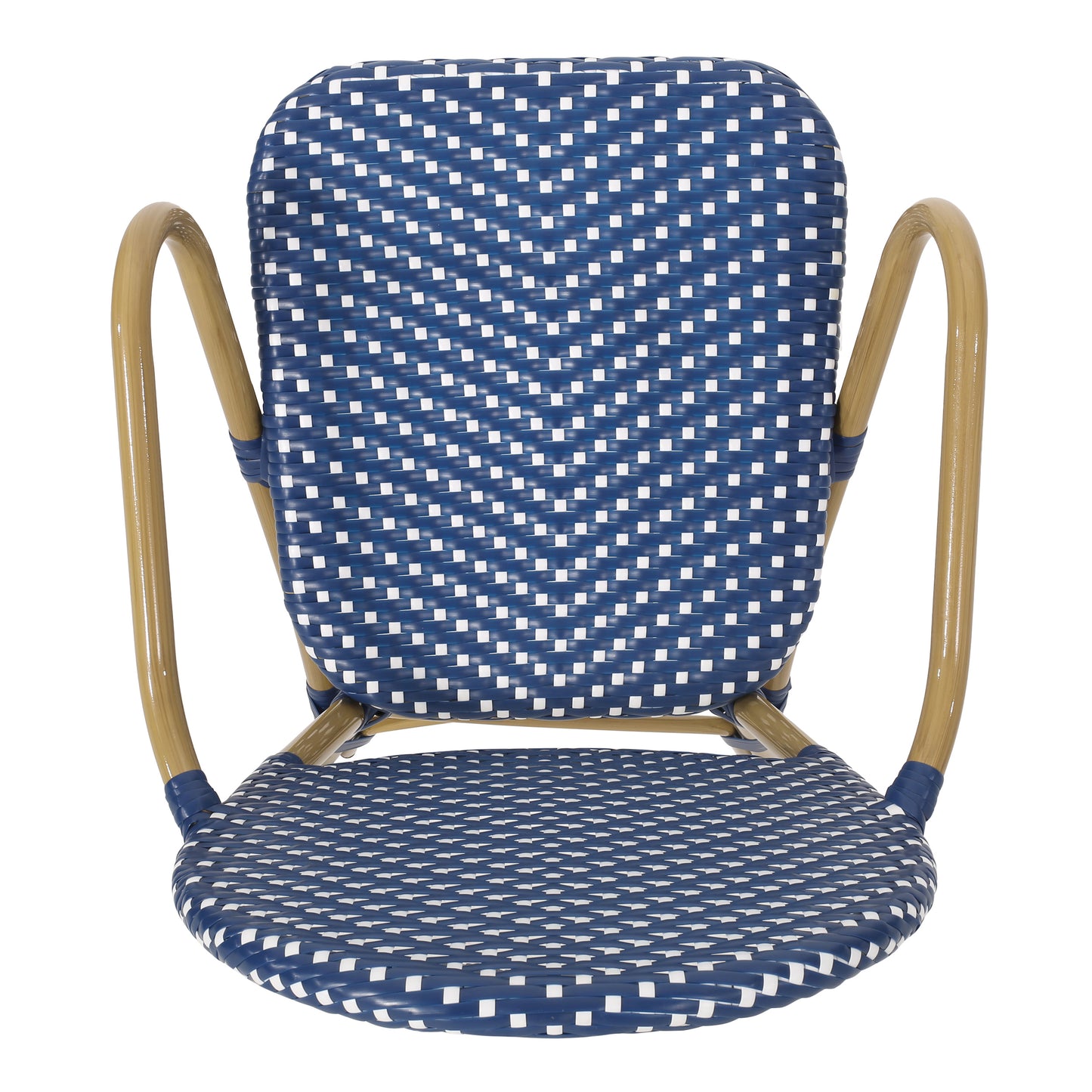 Blue and white woven bistro chair with canestyle arms