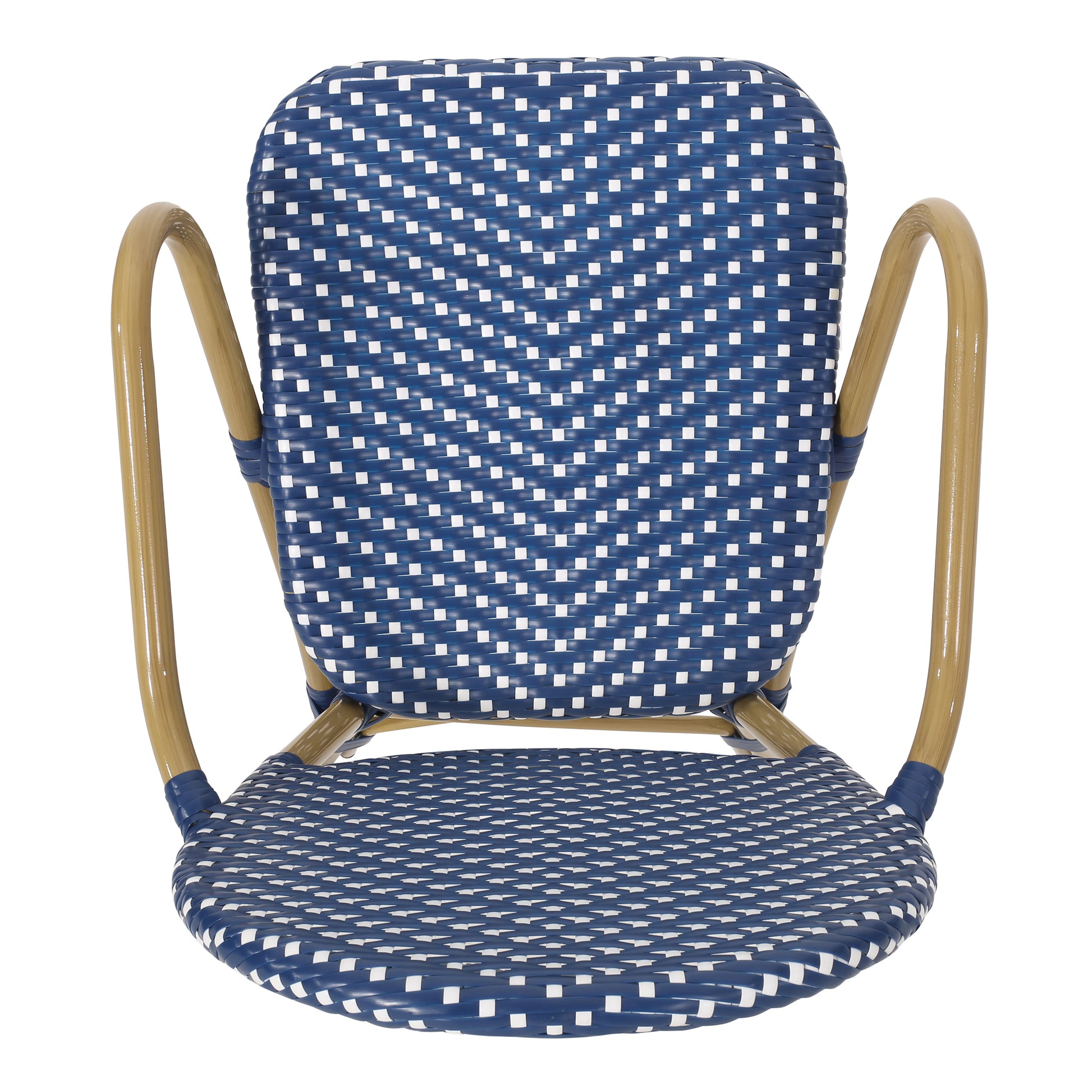 Blue and white woven bistro chair with canestyle arms