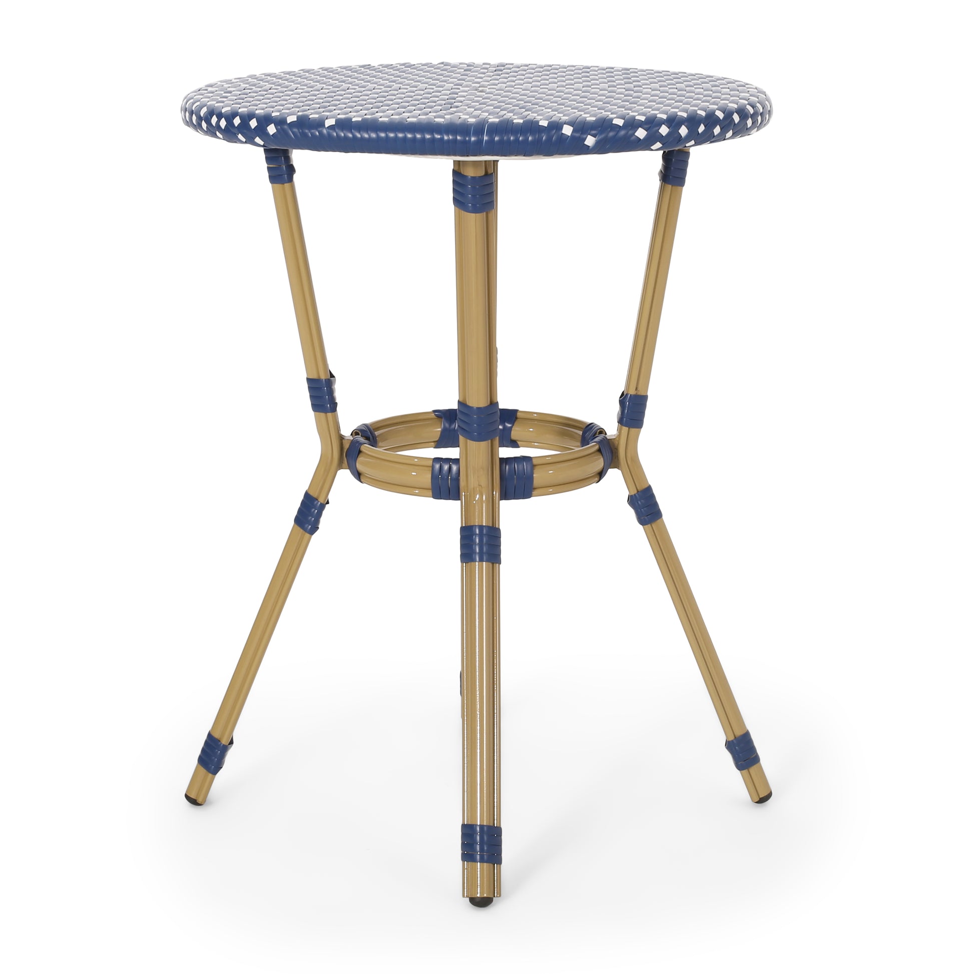 Round blue and white rattan cafe table with a gold frame and four legs