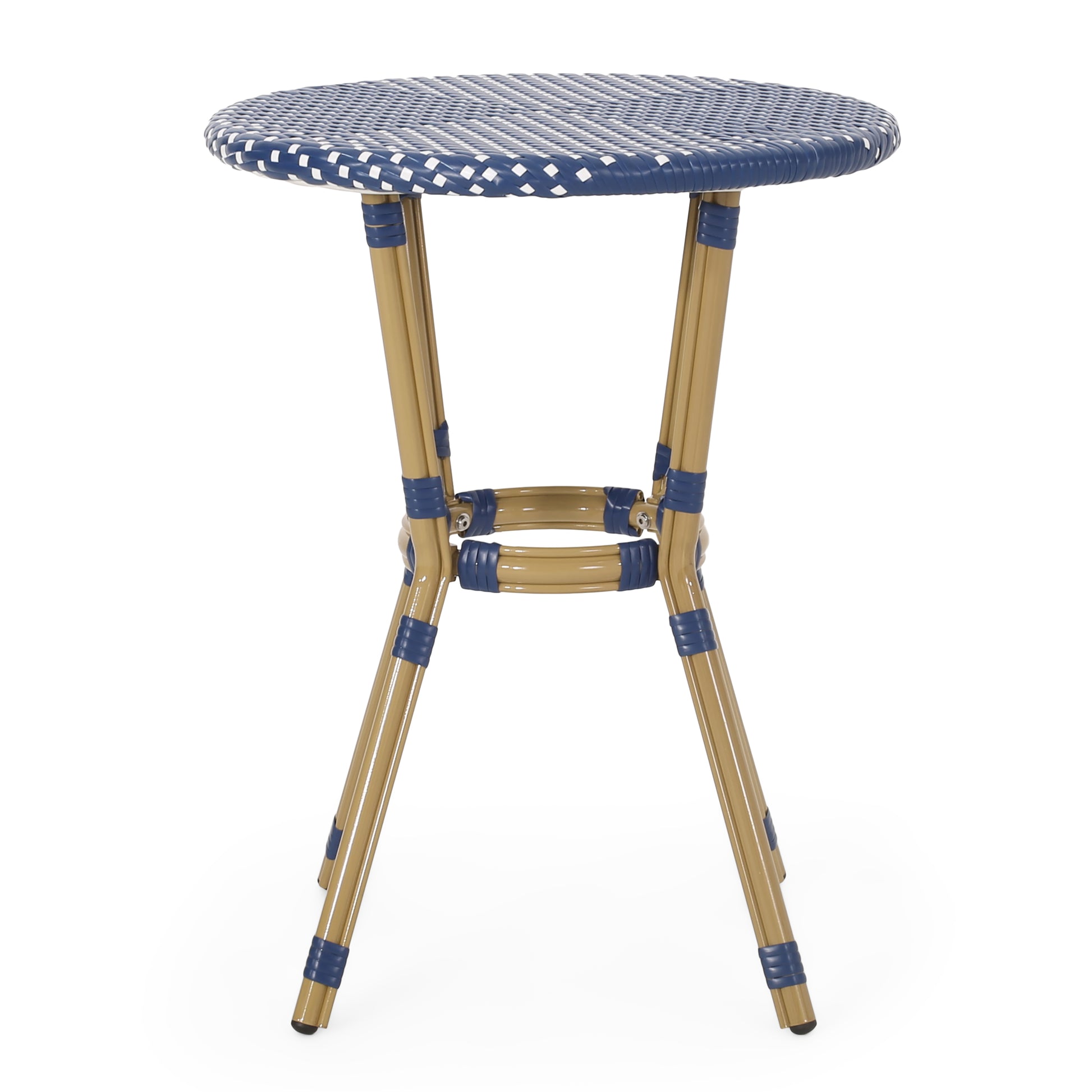 Blue and white woven round bistro table with tan legs
