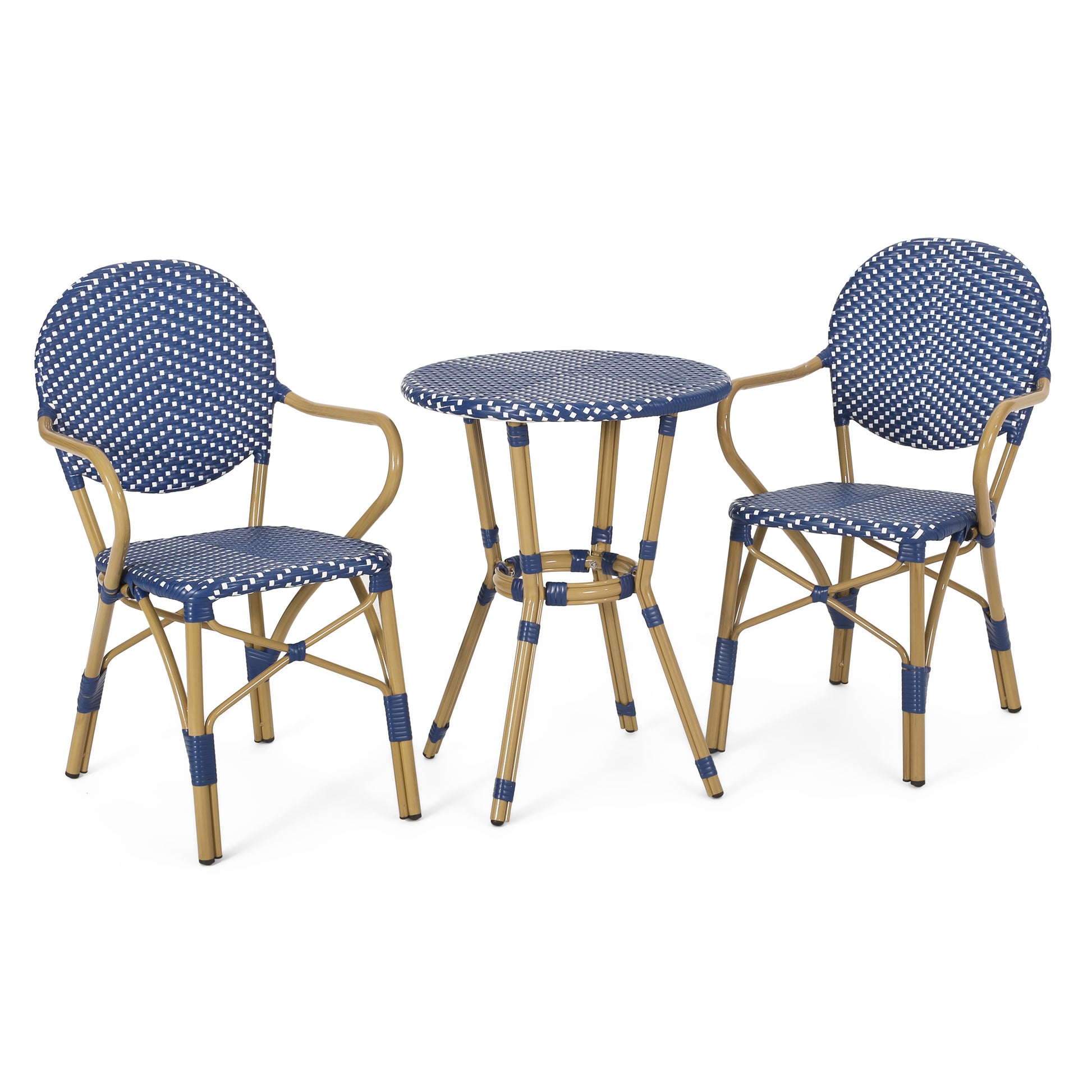 Blue and white woven bistro table and two chairs with natural woodlook metal frames