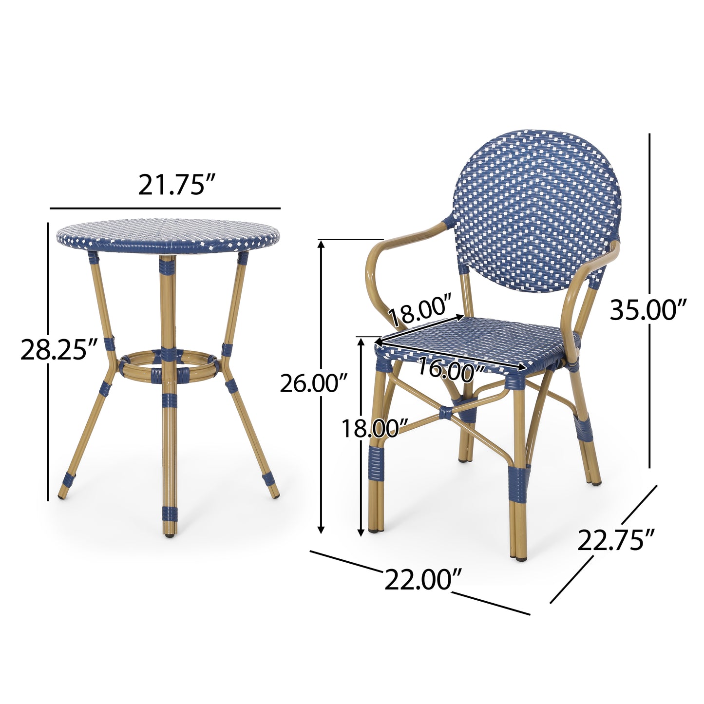 Blue and white wicker bistro chair with gold frame and armrests