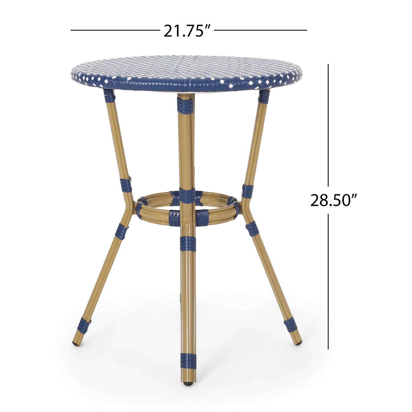 Round bistro table with blue and white woven top and brass legs
