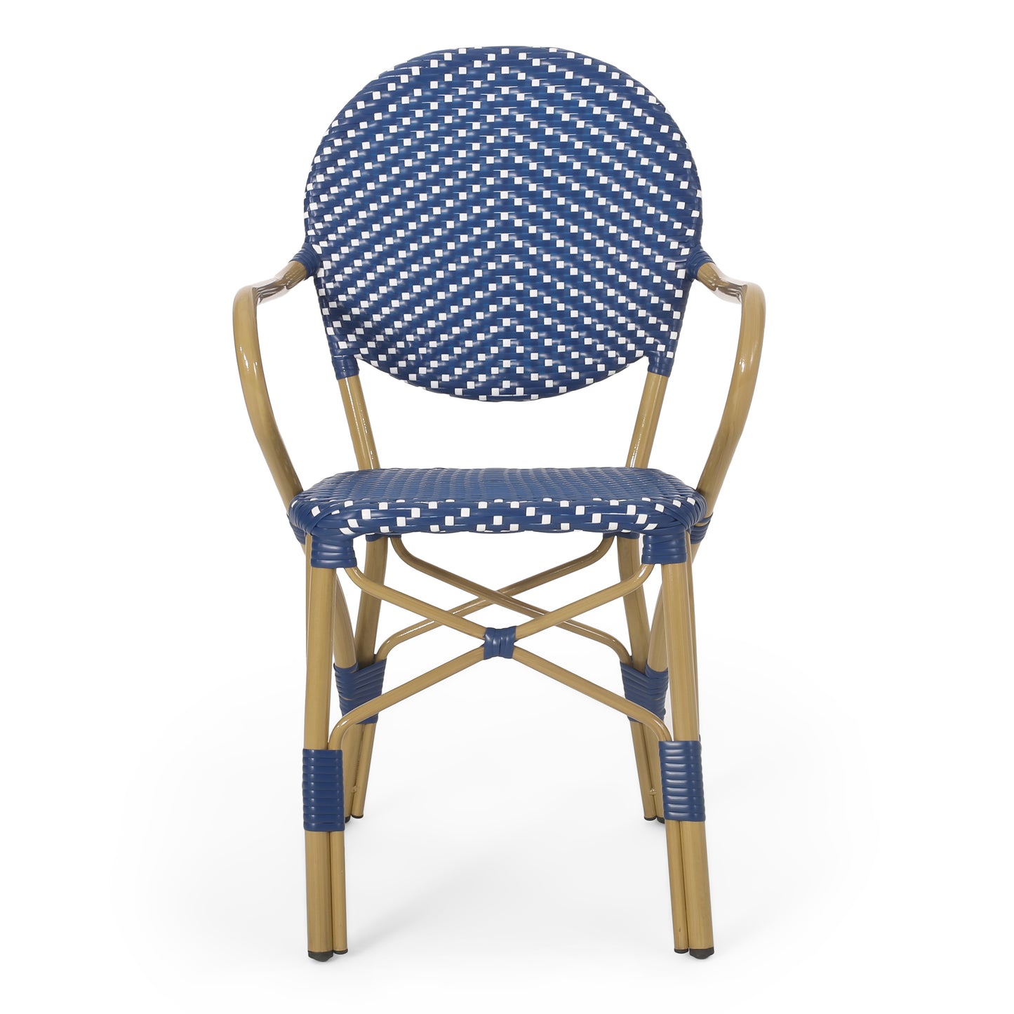 Blue and white woven bistro chair with golden frame perfect for outdoor seating