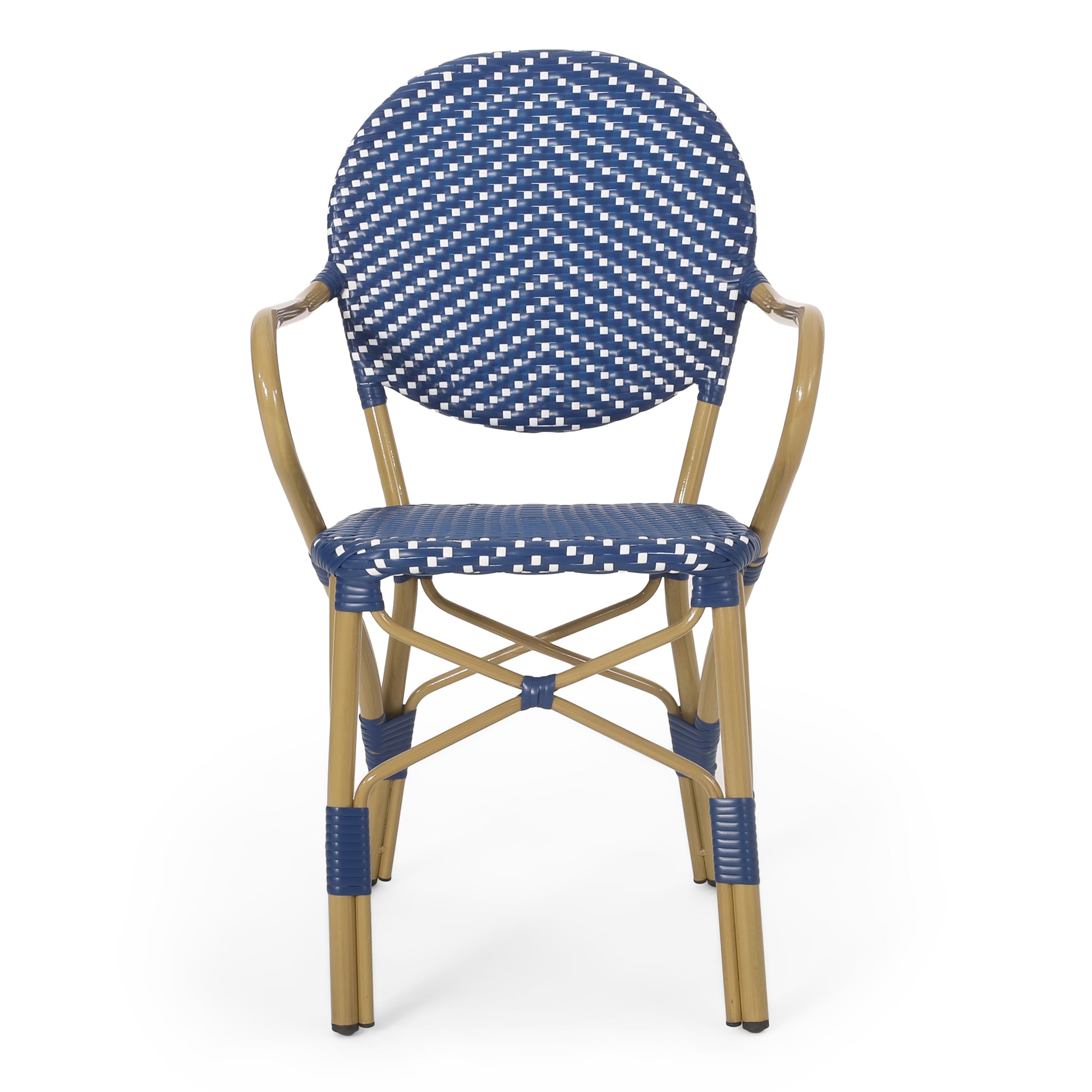 Blue and white woven bistro chair with golden frame perfect for outdoor seating