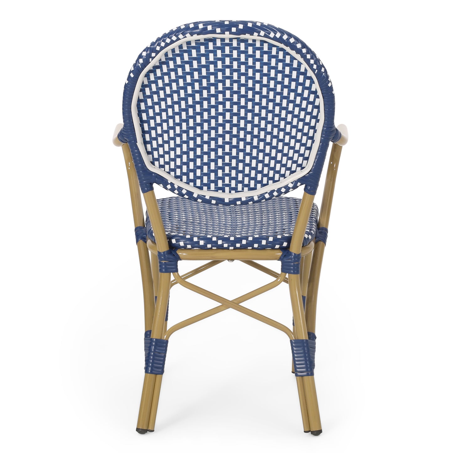 Blue and white rattan bistro chair with gold metal legs