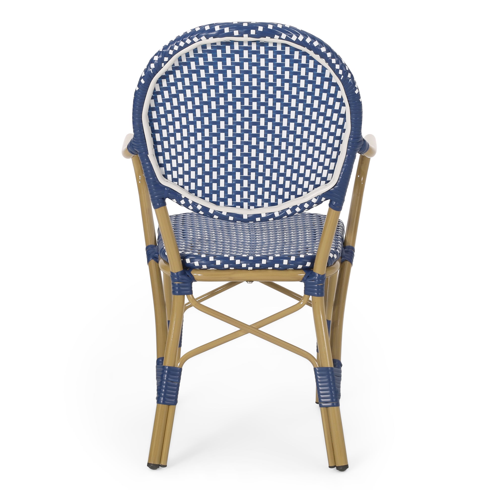 Blue and white rattan bistro chair with gold metal legs