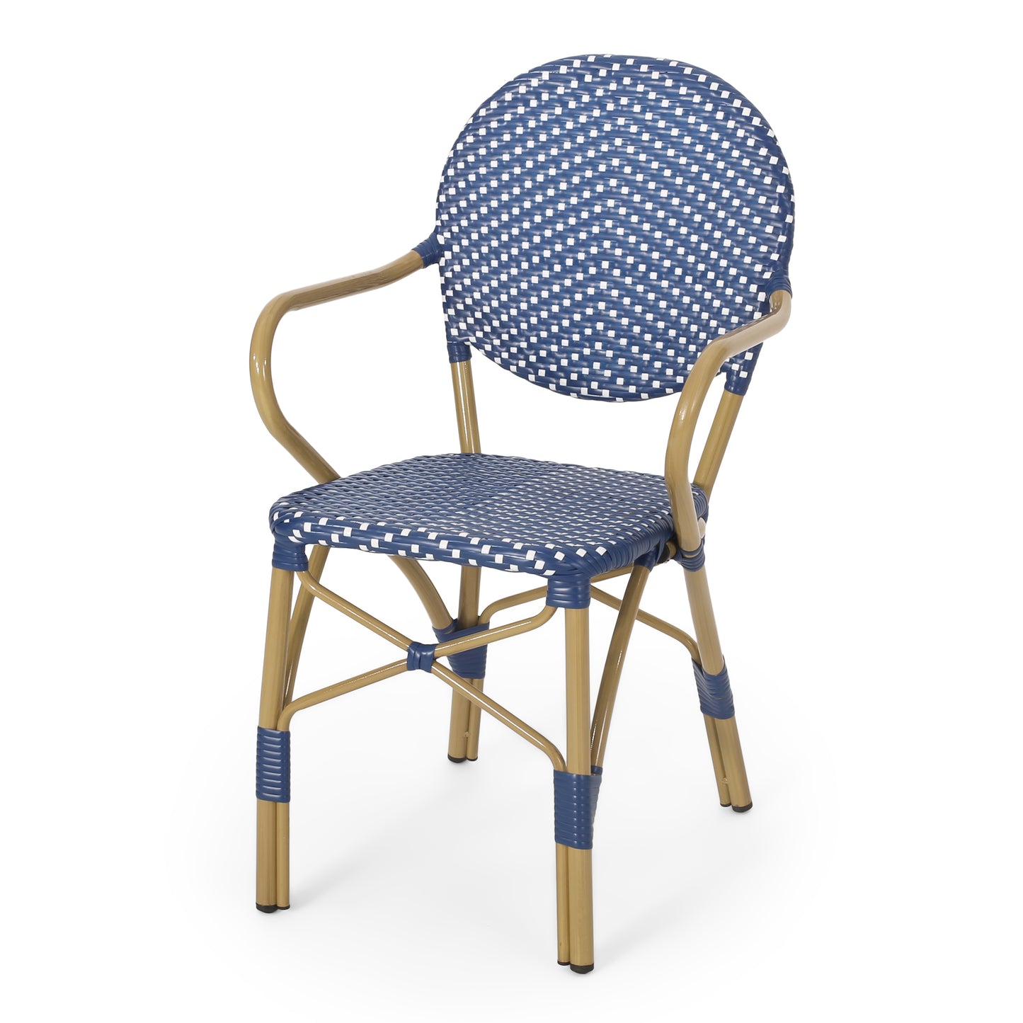 Blue and white woven bistro chair with golden frame ideal for outdoor cafes