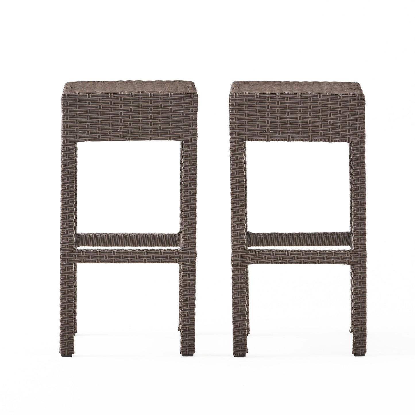 Two brown woven resin bar stools with square seats and open fronts