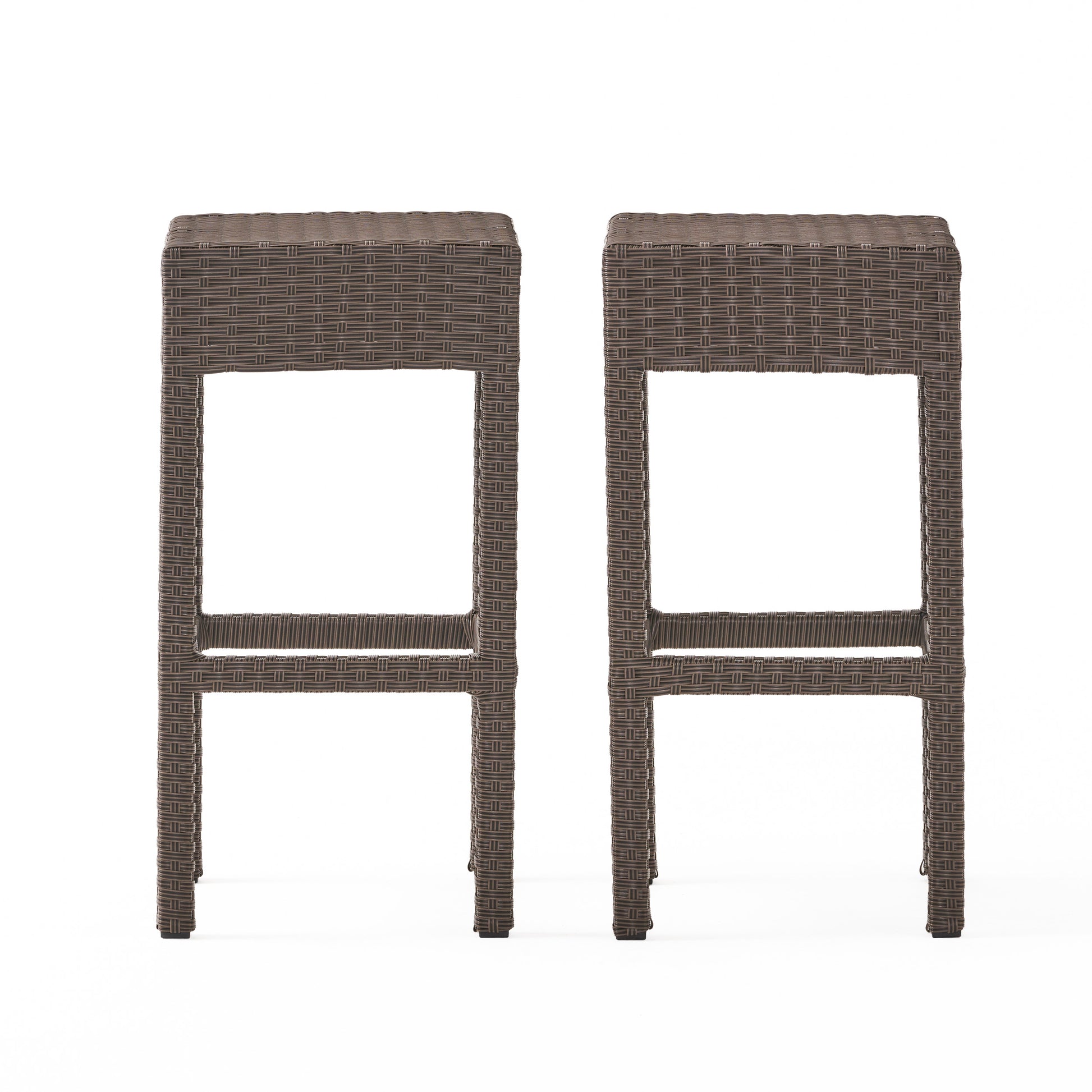 Two brown woven resin bar stools with square seats and open fronts