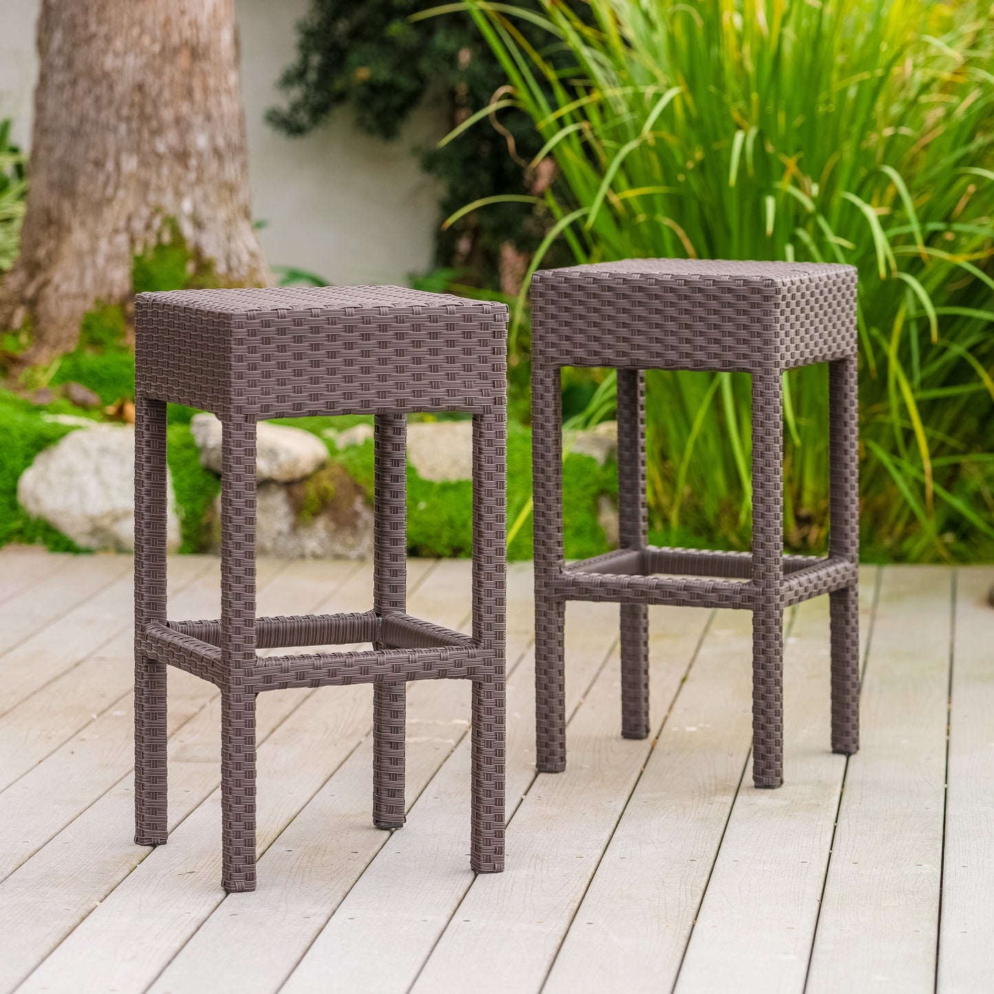 Brown wicker bar stool with clean lines perfect for outdoor patio seating