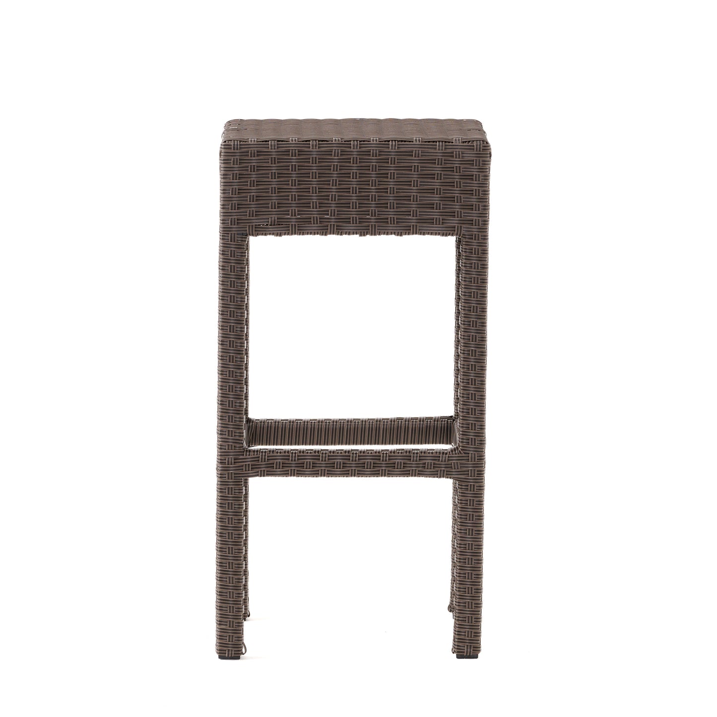 Brown wicker bar stool with woven texture and square seat
