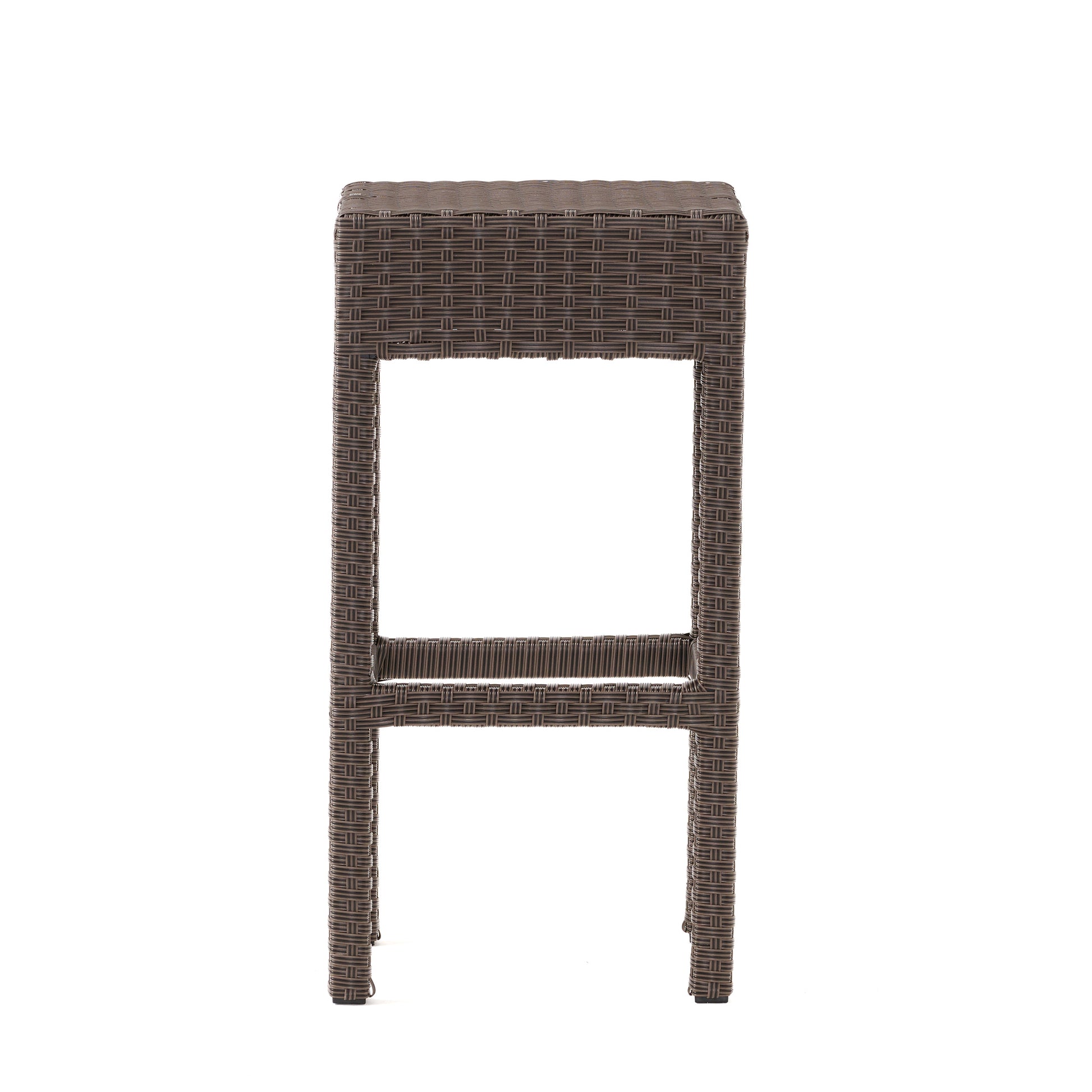 Brown wicker bar stool with woven texture and square seat