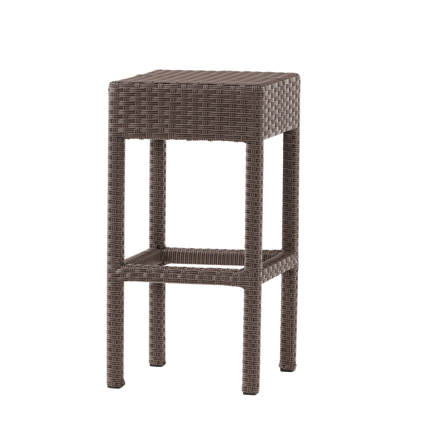 Brown wicker bar stool with a woven seat and four legs on white background