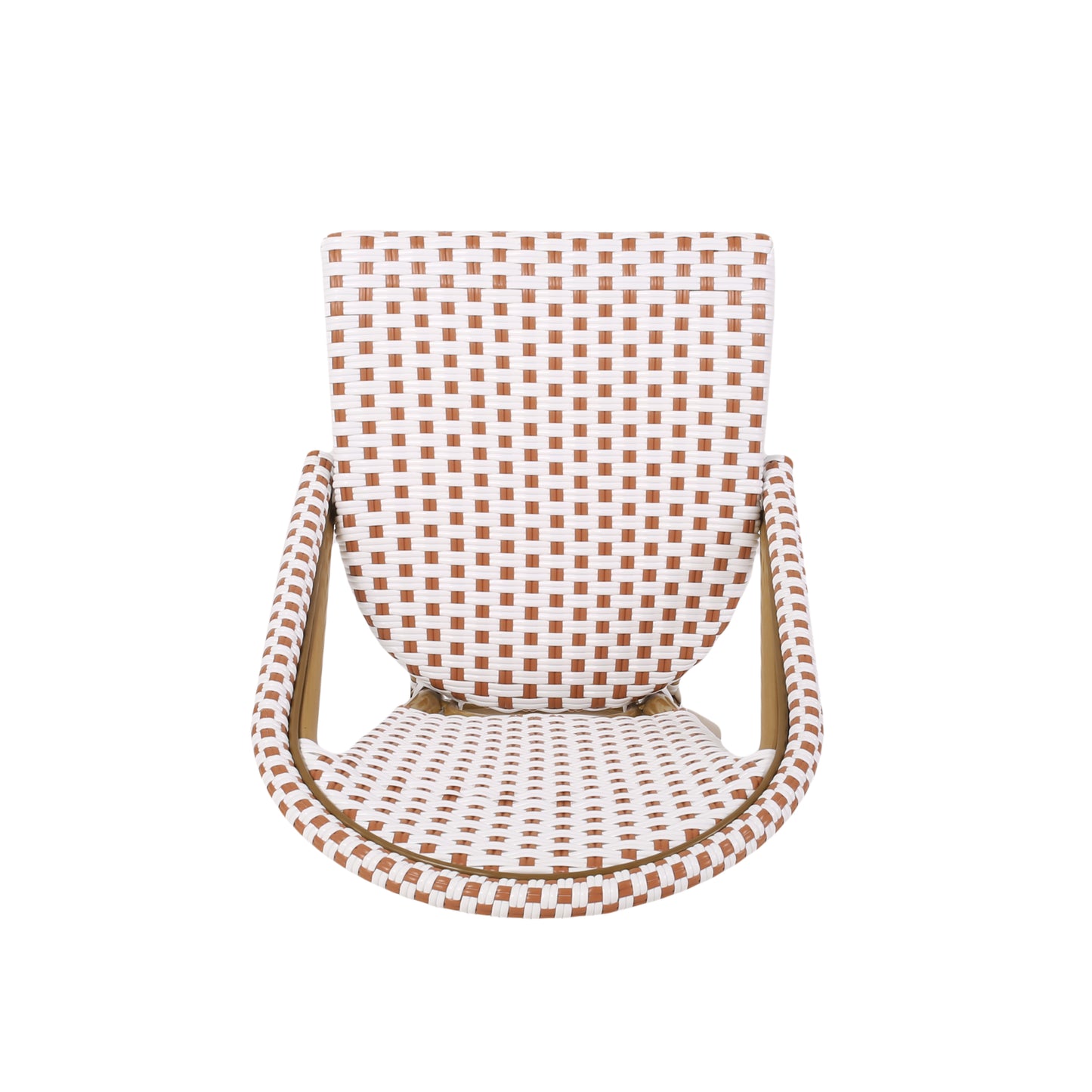 Top view of a white and brown woven bistro chair with a canestyle seat