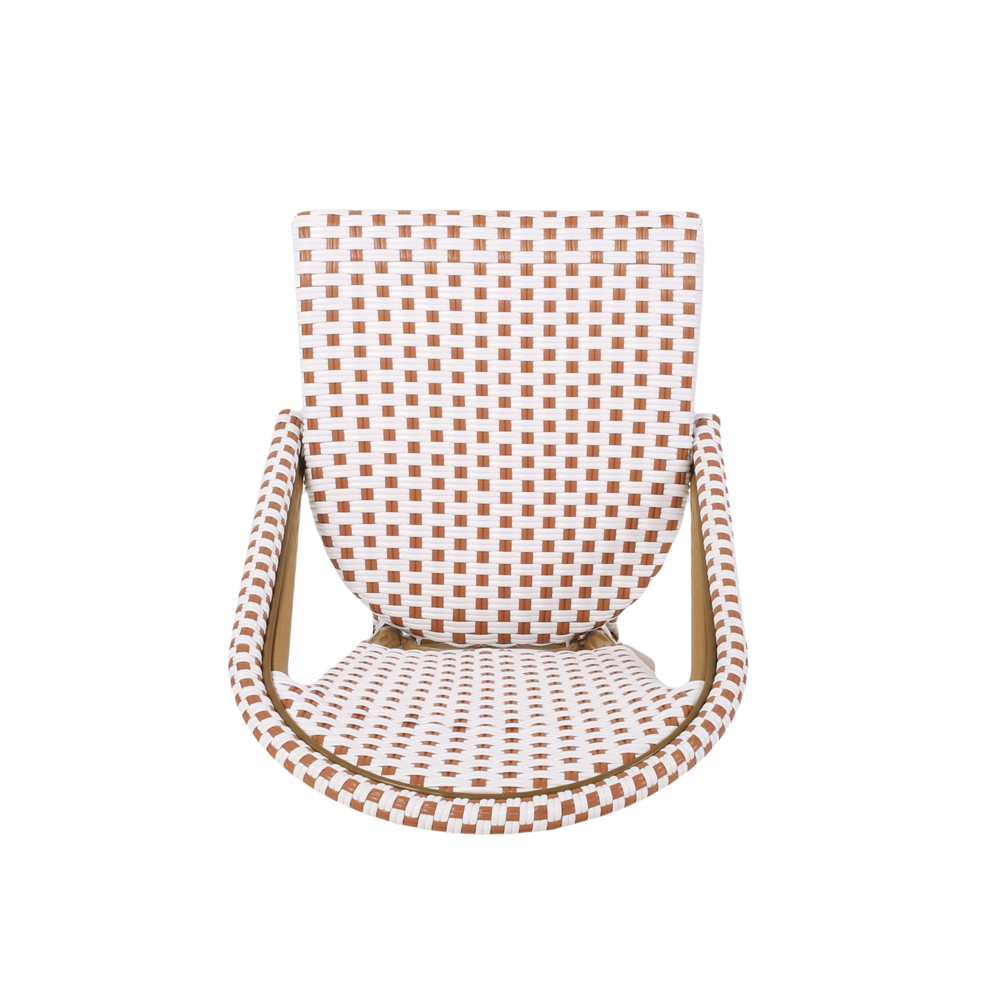 Top view of a white and brown woven bistro chair with a canestyle seat